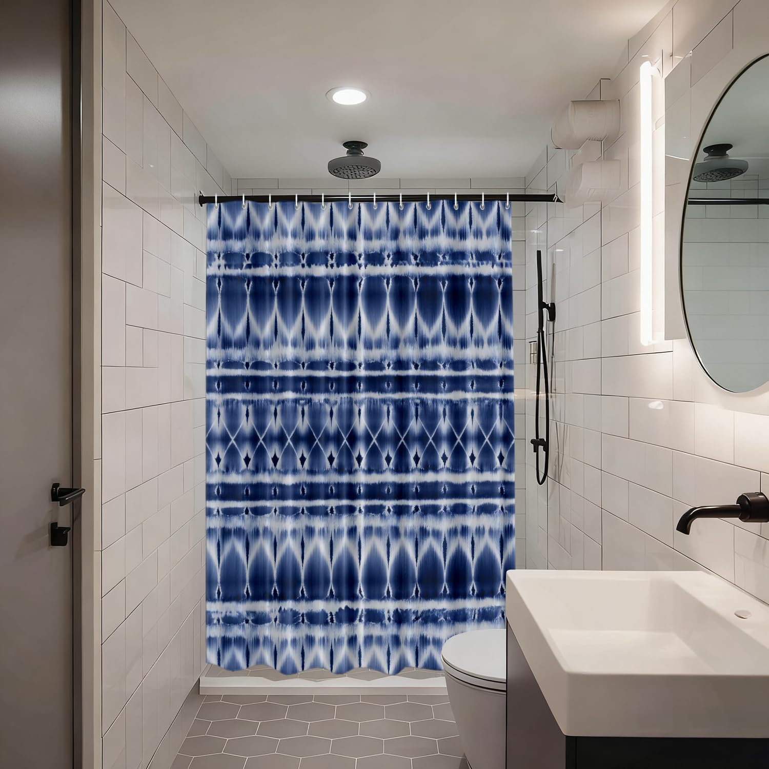 Shrahala Blue Tie Dye Decorative Shower Curtain, Shibori Striped Navy Indigo Abstract Folk Bathroom Decor Polyester Fiber Waterproof with Plastic Rings for Shower Stall Bathtubs 72 x 72 in