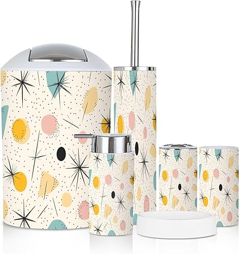 Miniatura 16 de Bathroom Accessory Set 6 Piece Mid Century Vintage 1950s Modern Retro Geometric Lattice Star Trash can, Toothbrush Holder, Soap Dispenser, Soap