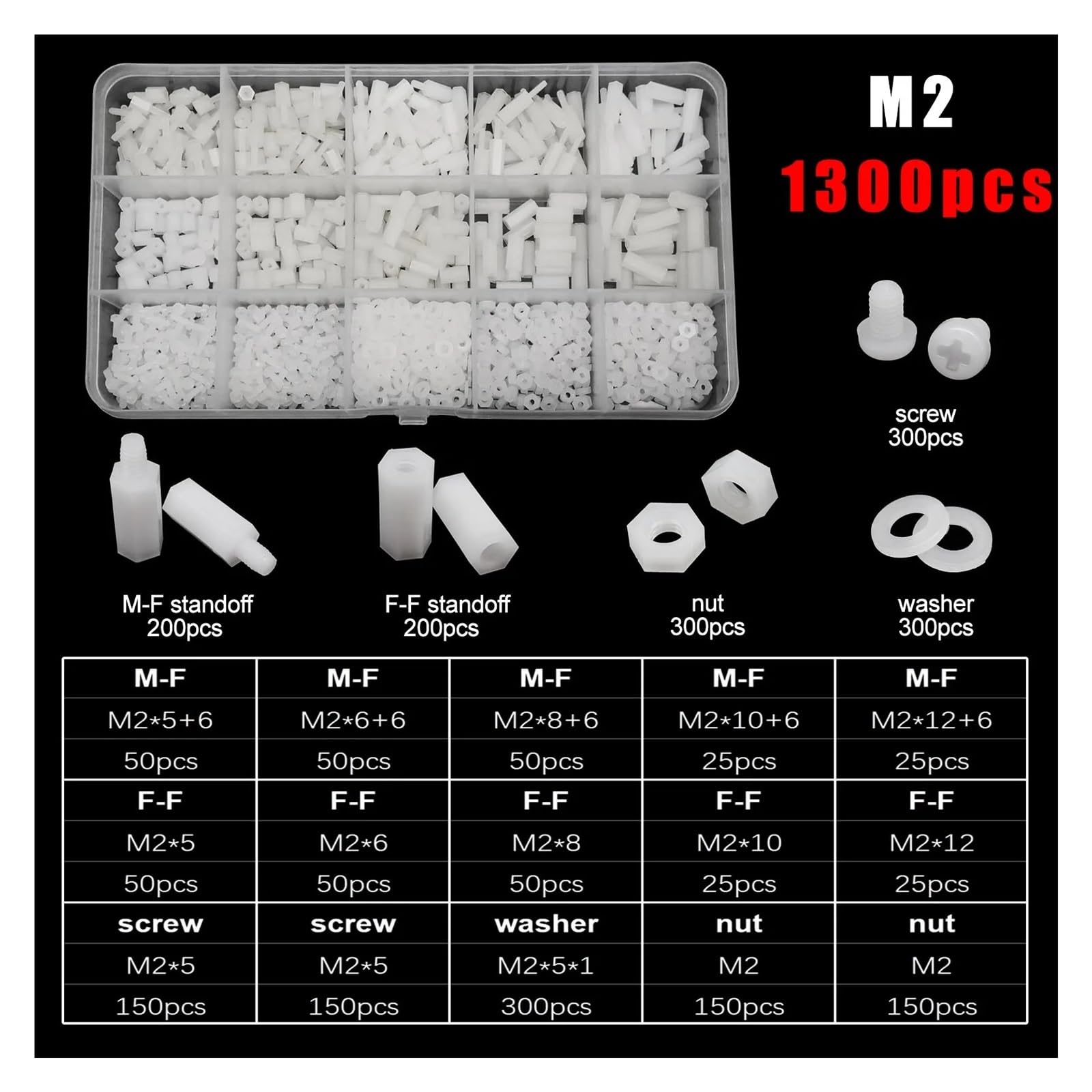 1 Scatola di distanziali esagonali isolati in Nylon, distanziali esagonali, Viti, Dadi e rondelle, Kit assortimento M2, M2,5, M3, M4, plastica Bianca(M2 1300pcs)