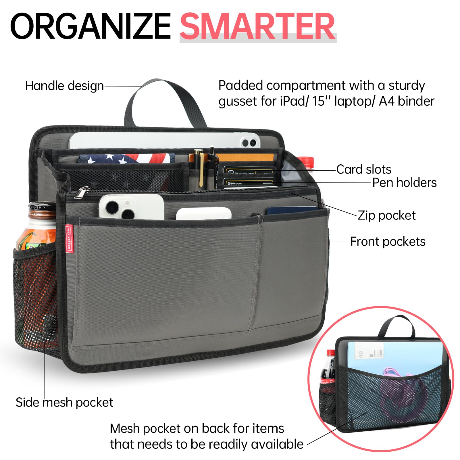 Großer, robuster Organizer-Einsatz für Aktentasche, Schultertasche, Kuriertasche, 20 Taschen, gepolstert, wasserabweisend, Nylon, Grau