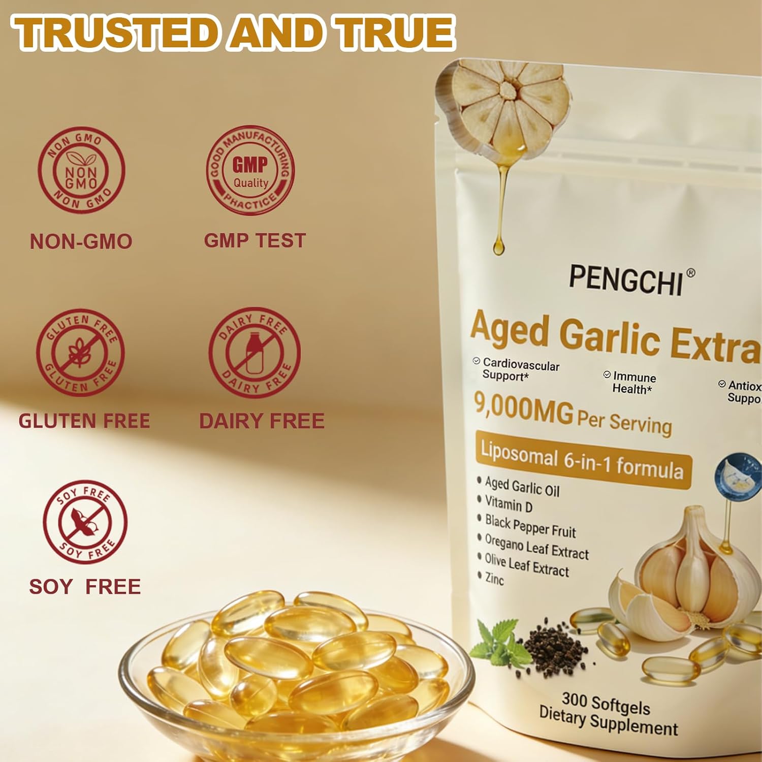 PENGCHI Odorless Aged Garlic Extract - 9000mg Odorless, Advanced Heart & Immune Support Formula with Vitamin D, Zinc, Oregano & Olive Leaf, High Potency Antioxidant Supplement, 300 Softgels