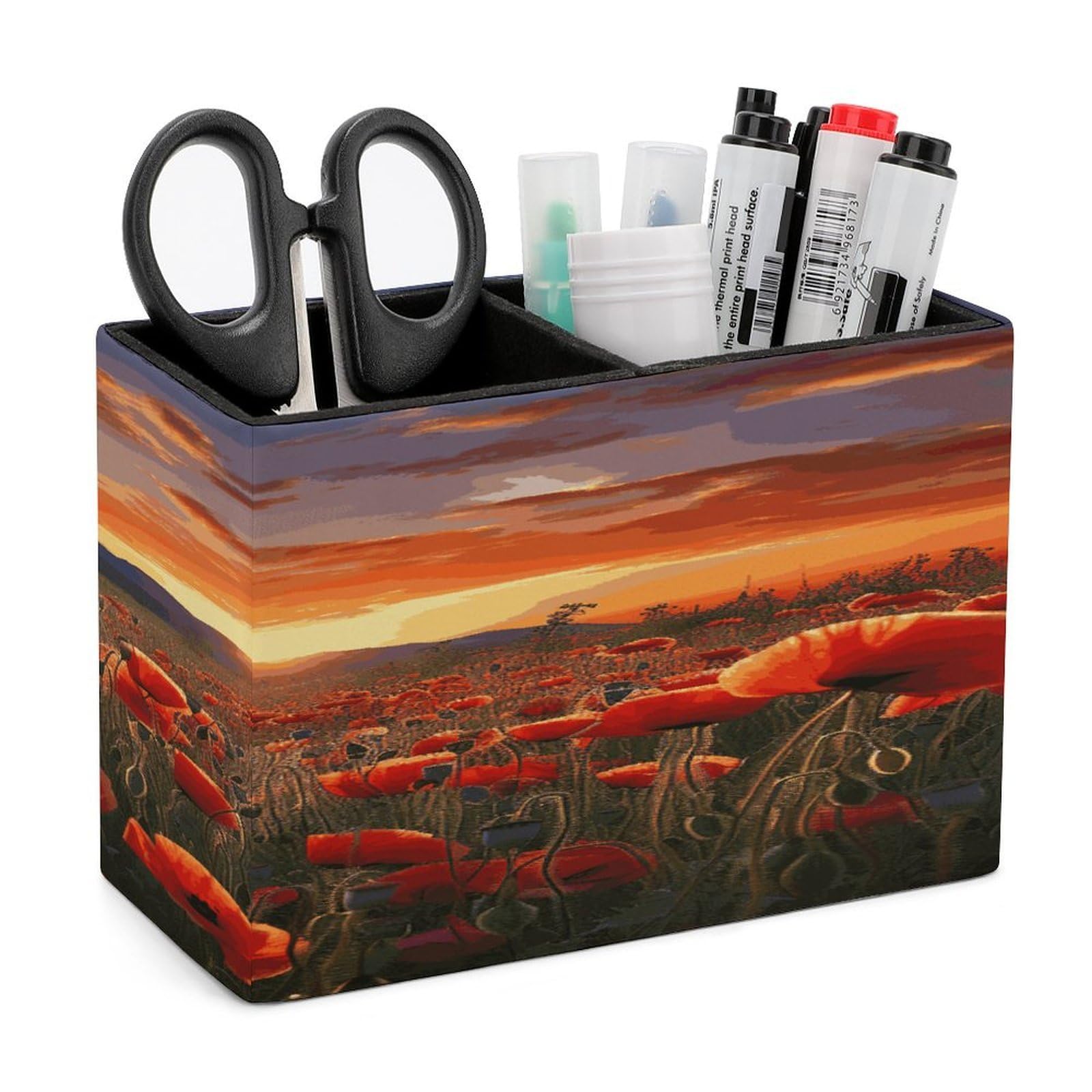 LDGSUPH Red Poppy Flower Field in Sunset Leather Pen Holder for Desk Organizer Caddy Large Pencil Cup Multi-function Pencil Holder Makeup Brush Holders Pen Organizer for Home Office Storage Box