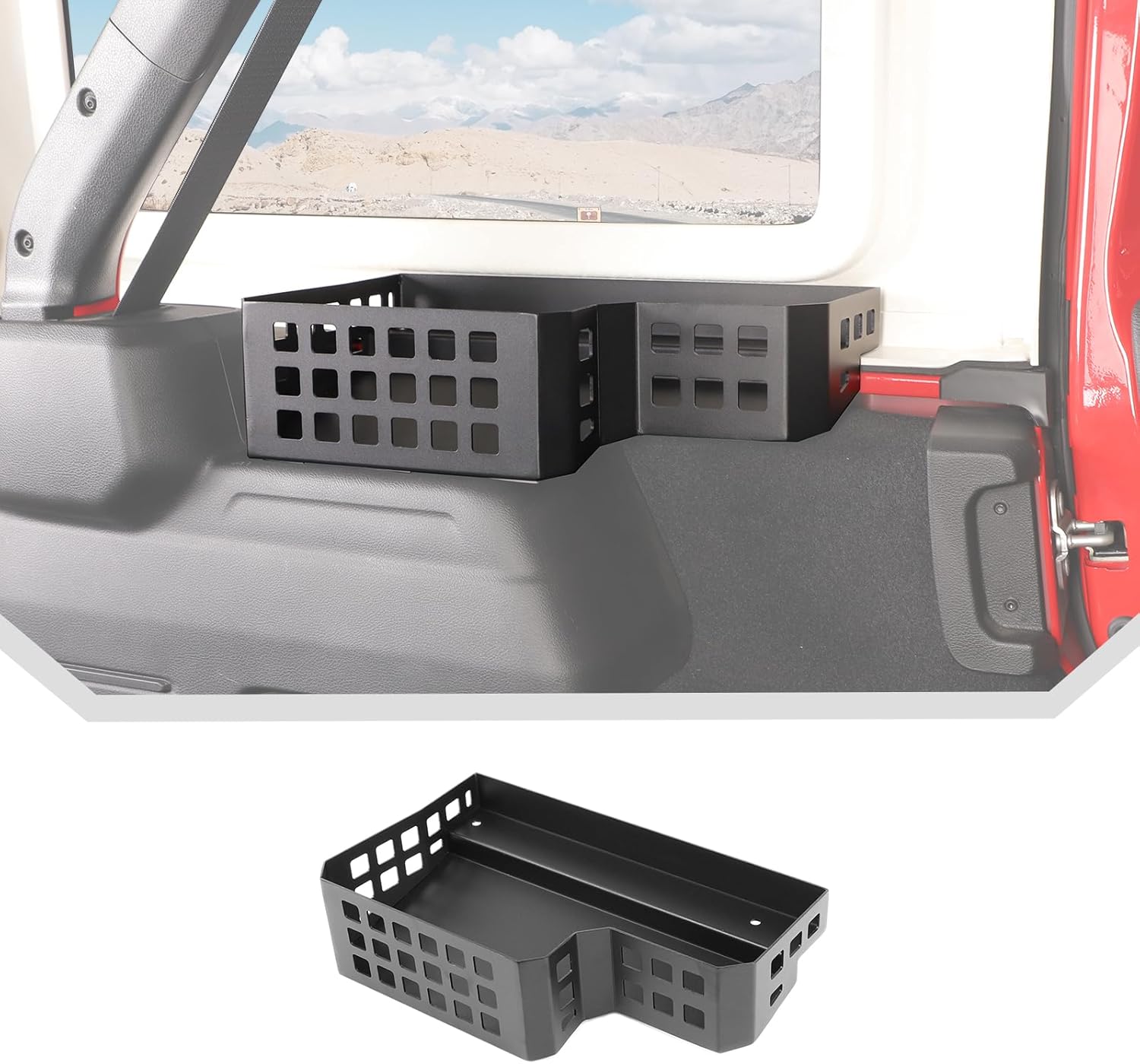 JeCar Aluminum Trunk Wheel Well Molle Storage Organizer for 2024+ Jeep Wrangler JL JLU 4-Door Interior Accessories Black (Passenger Side)