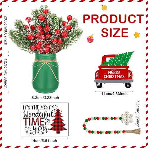 Miniatura 4 de Jexine 12 piezas de centros de mesa de tarro de masón de Navidad con cono de pino rojo nieve artificial de bayas rojas y verdes, decoración de