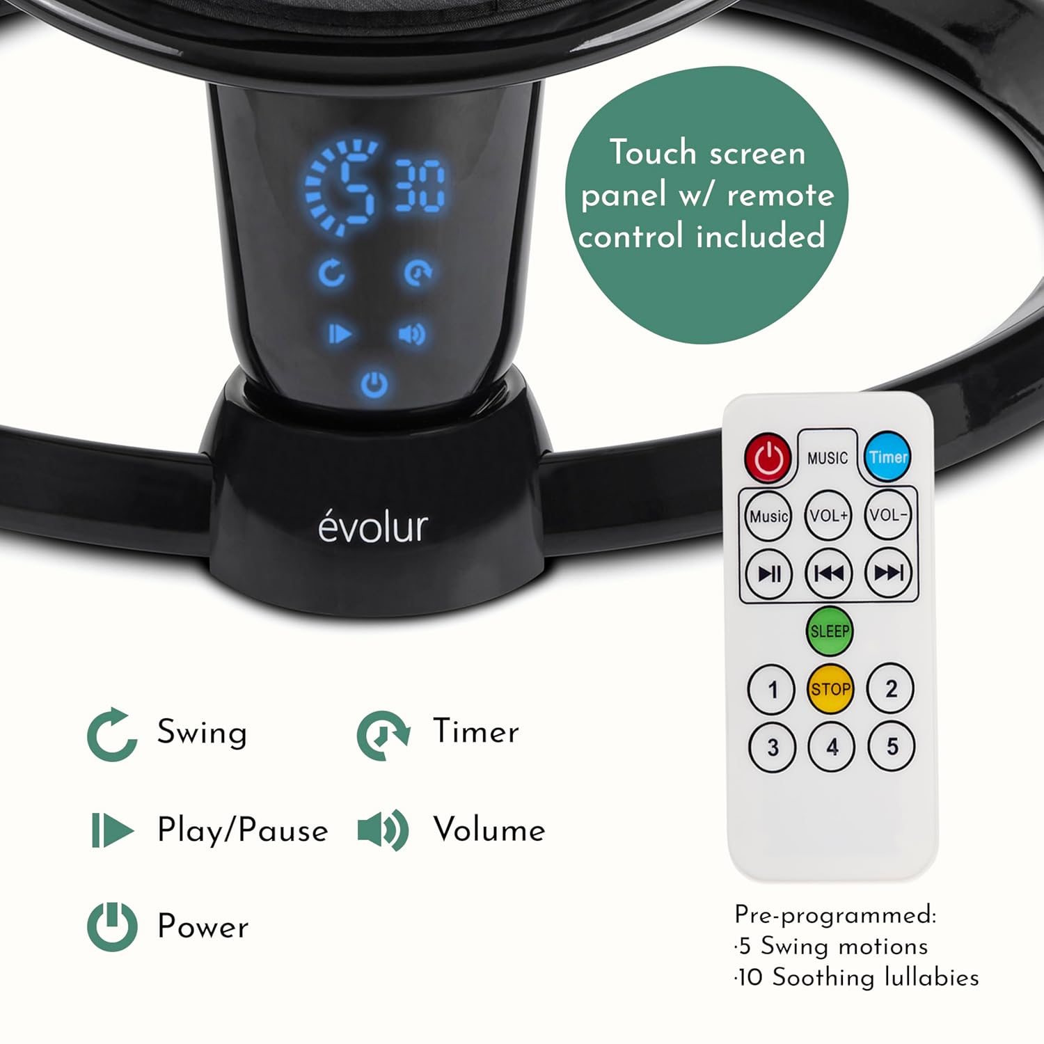 Evolur SootheSway Baby Swing, Black, Swing with Touch Screen Panel Controls Motions and Music, Five Point Safety Harness, Easy to Clean