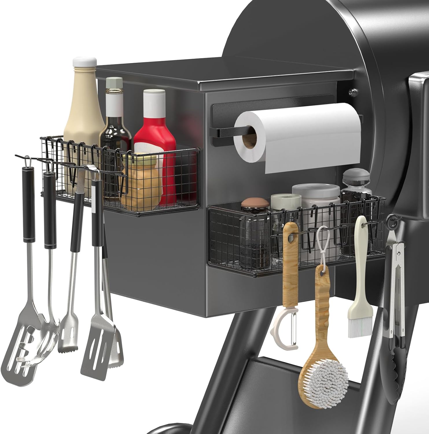 2 Pack Magnetic Storage Bins and Paper Towel Holder for Traeger Smoker Grills, Suit for Traeger Ironwood 885, Pro Series 34, Pro Series 22, Pro D2 575, Pro 780, Ironwood 650, Z-Grills, Pit boss