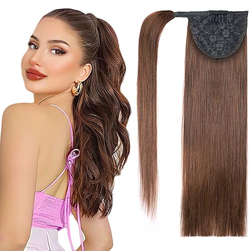 Extensiones de cabello humano de 22 pulgadas, cola de caballo con clip, para mujer, color marrón chocolate (#4), 3.5 onzas