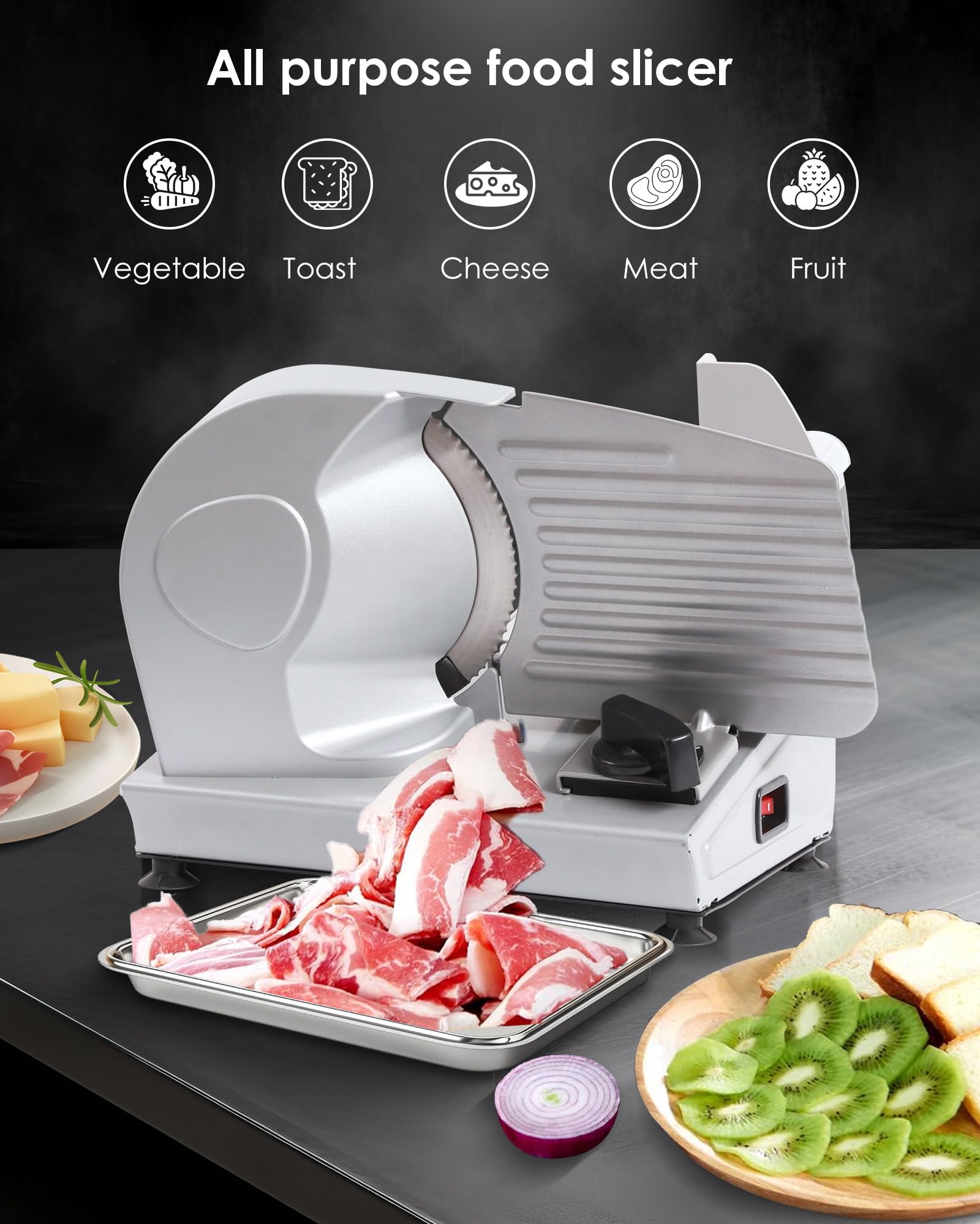 Valley Sportsman - Cortador eléctrico de carne de 7.5 pulgadas, con hoja de acero inoxidable, 180 W, grosor ajustable para uso doméstico, fácil de limpiar, corta carne, pan, queso y delicatessen,