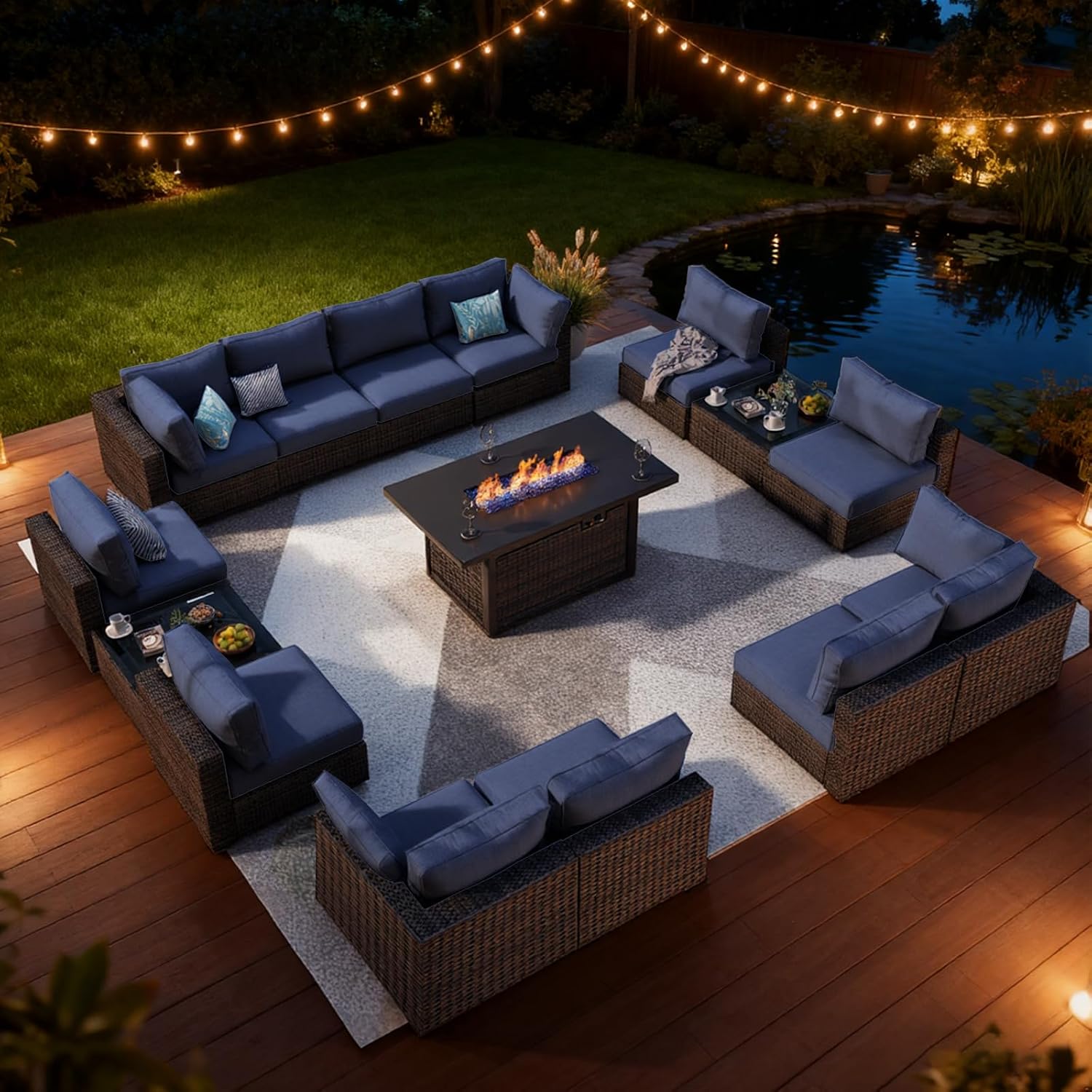 Patio Furniture Set, 15 Pieces Outdoor Sectional Patio Furniture Set with 42" Fire Pit Table, Rattan Wicker Sofa Set for Garden Backyard Deck Poolside, Blue