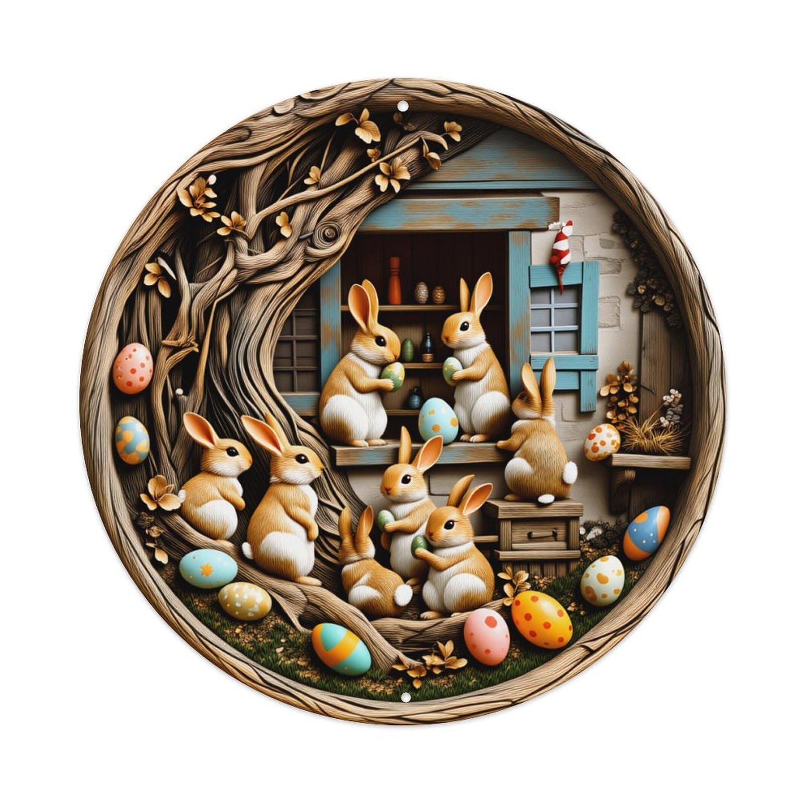 Easter Bunnies House Eggs Spring Round Tin Sign Vintage Metal Poster Retro Bar, Home, Man Cave, Kitchen, Laundry Room Wall Art Decor Gift 8x8Inch