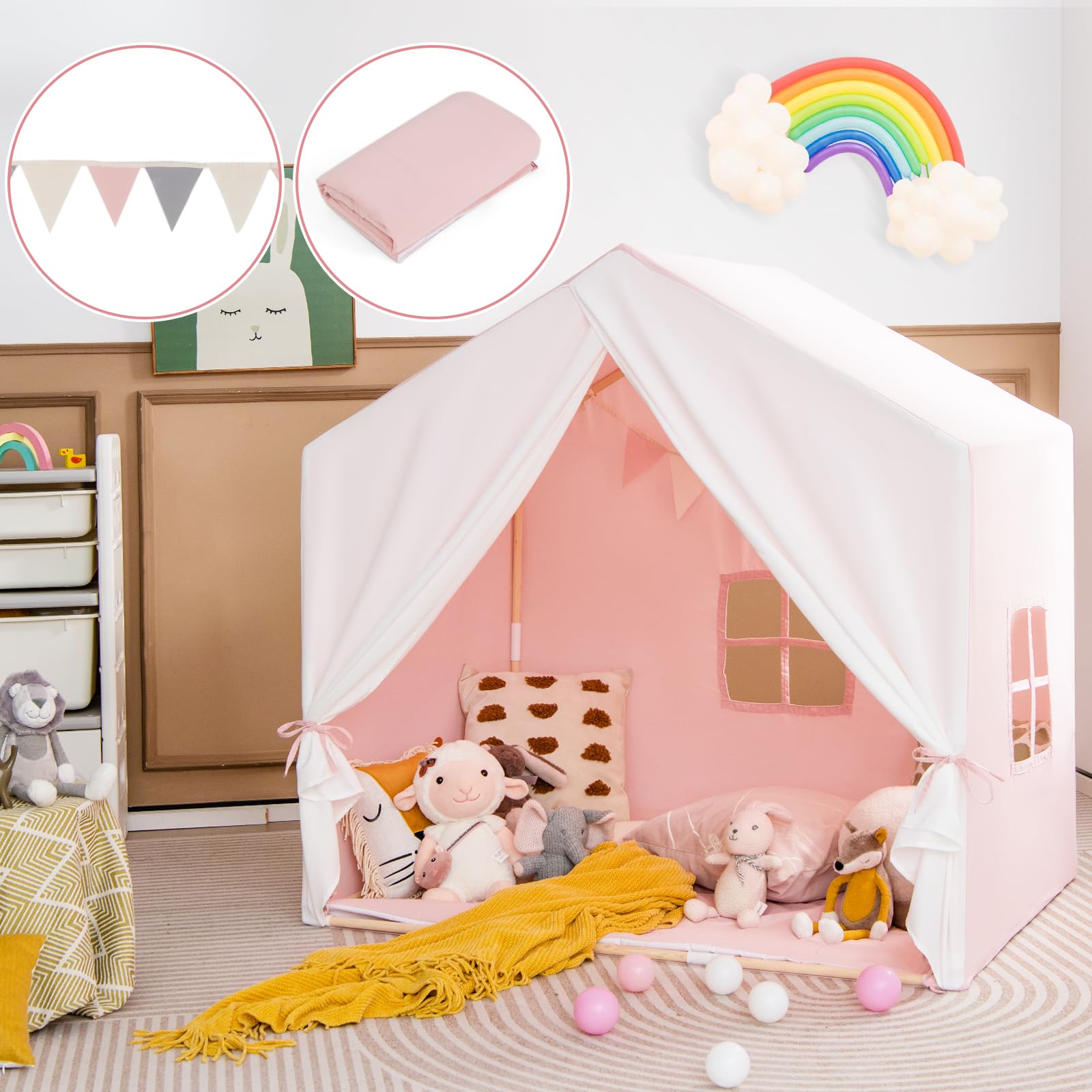 HOMASIS Kinderzelt Indoor, Spielzelt mit Matte, Vorhang, Flaggen, Spielhaus aus Holzrahmen, Bettzelt Prinzessin Zelt für Mädchen & Jungen ab 3 Jahren, Kinderspielhaus für Kinderzimmer (Rosa)
