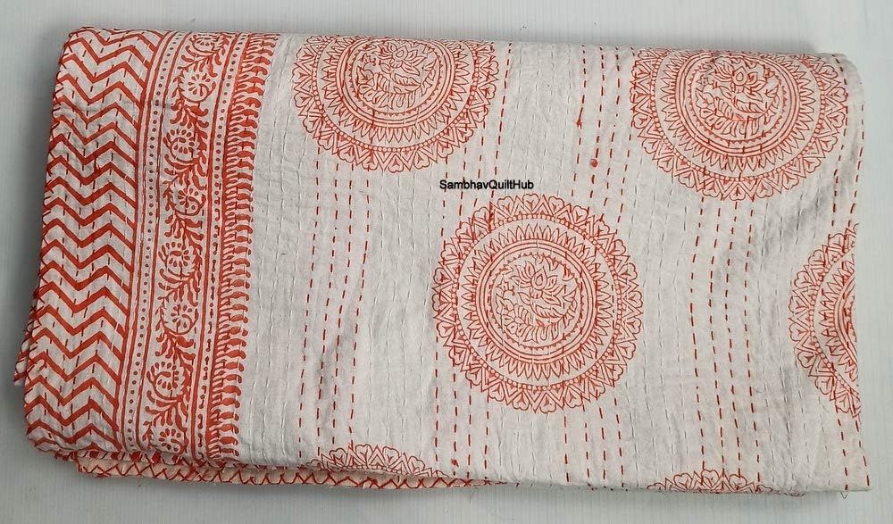 Indian Handblock Boho Block Print Kantha Quilt Bedding Bohemian Cotton Blanket Handmade Bedspread Hand Block Print, 100% Cotton Bedspread Blanket Throw (White&Black, 60X90 inch)