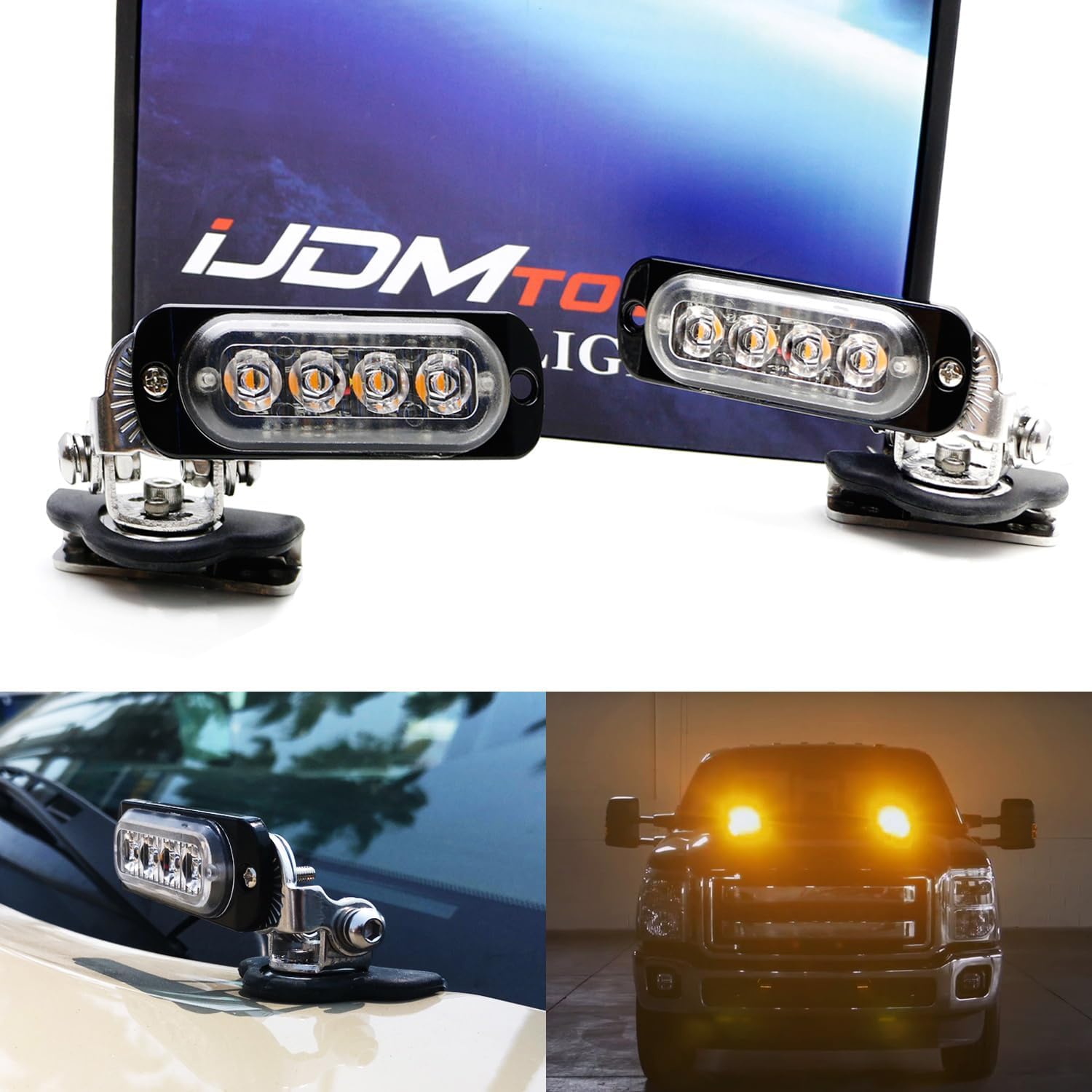 iJDMTOY Amber/White 4-LED Hook Two Corner Mount Strobe Warning Light Kit Compatible With All Truck SUV Off-Road Wrangler, etc