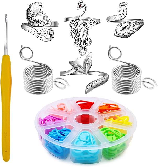 BEIJITA 6Pcs Knitting Loop Crochet Loop Knitting Accessories, Metal Thread Guide Finger Holder Knitting Thimbles,Adjustable Braided Open Finger Ring,104Pcs Knitting Stitch Markers and 1 Crochet Hook