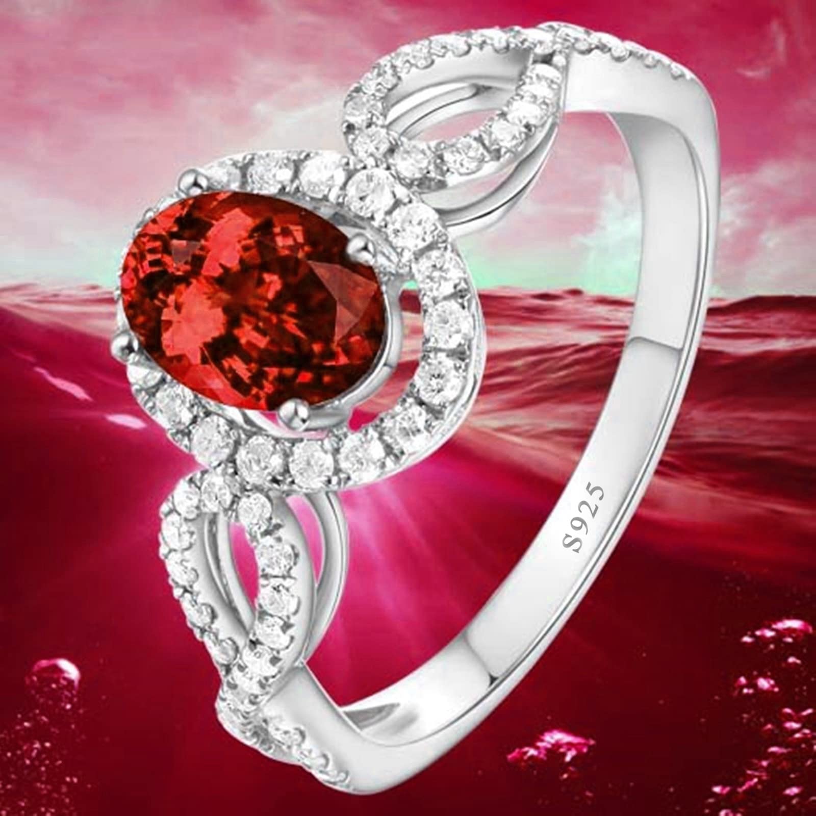 Eheringe XXL Silber Ring Rot Oval Zirkonia Bands zum Muttertag Größe 45 (14.3)-65 (20.7)