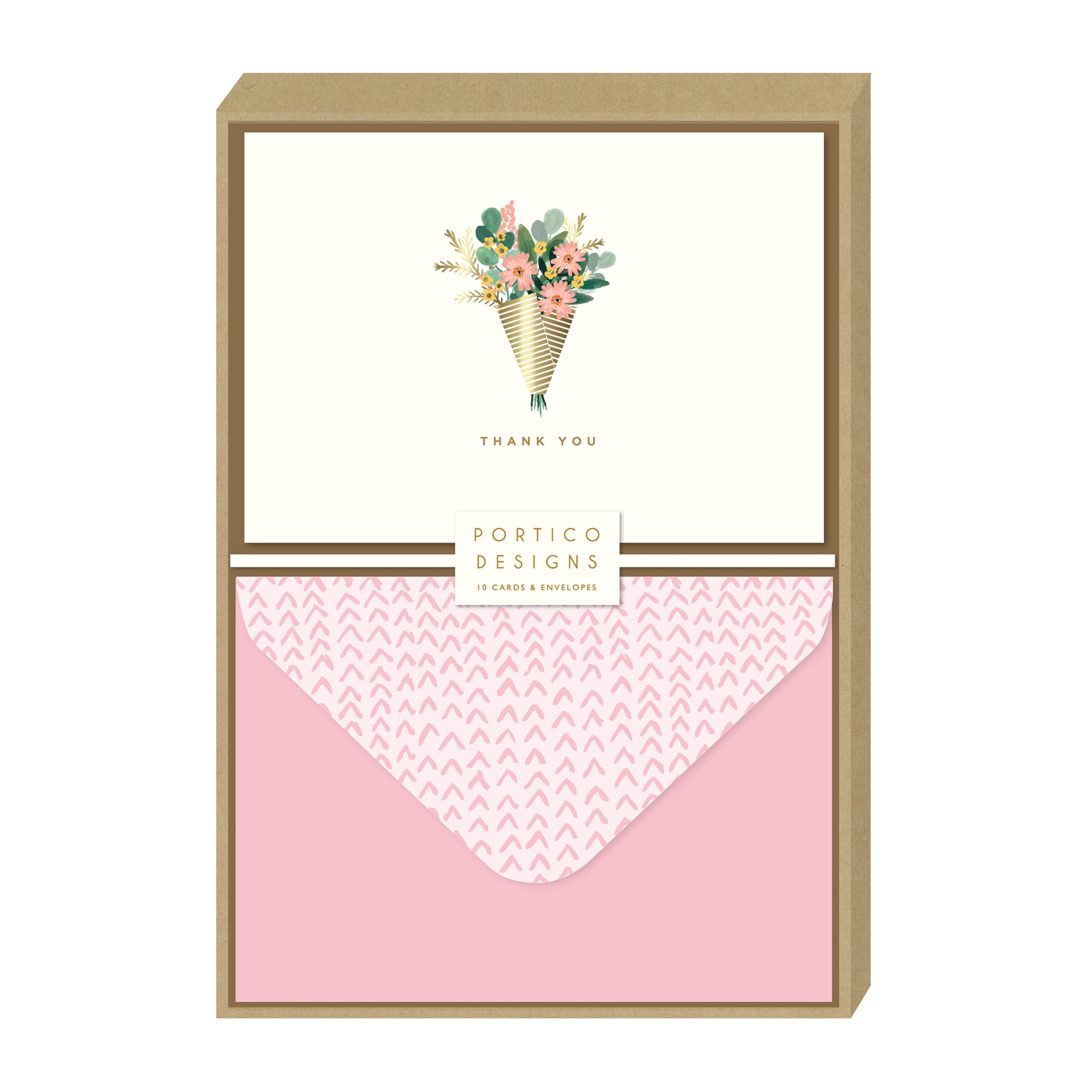 Portico Designs Floral Bouquet - Boxed Thank You Notecards with Gold Foil Details and co-ordinating printed envelopes, Pack of 10