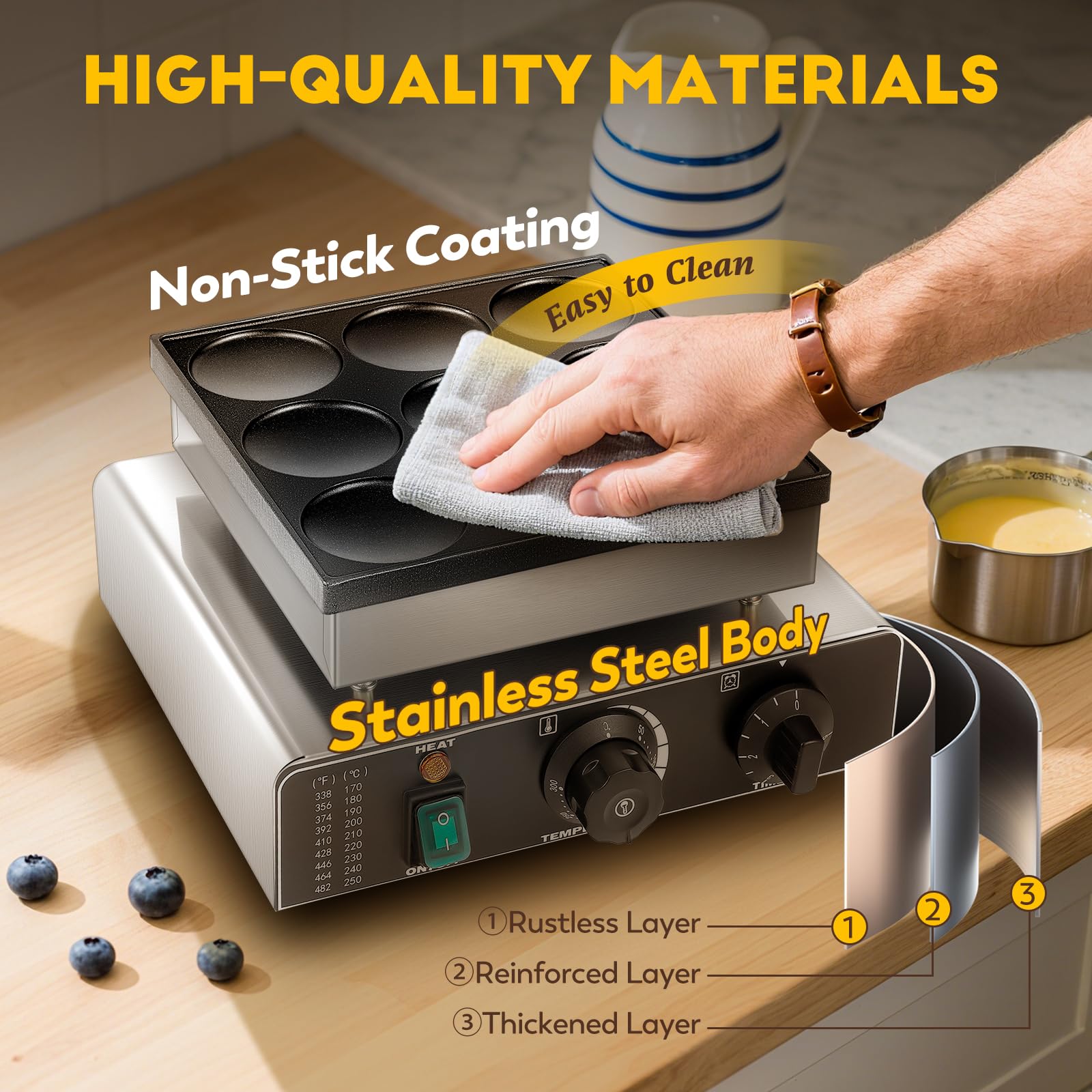CGOLDENWALL 9 Fori Macchina Per Pancake Olandese, con Rivestimento Antiaderente, Timer 0-5 min e Temperatura Regolabile 50-300℃, Mini Dutch Pancake Maker per Dorayaki, Poffertjes, Muffin