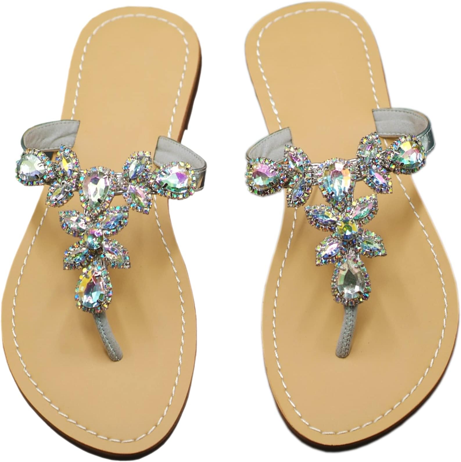 Women Sparkly Jeweled Thong Boho Sandals Bling Rhinestone Flip Flops with Crystal Diamond Flat Fancy Sandalias Gem Bohemian Beach Wedding Sandals Shoes