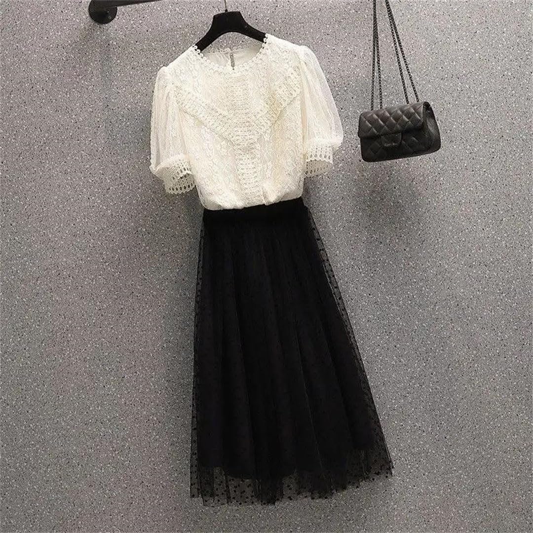 Women's Lace Mesh Shirt Puff Sleeve Tops A-Line Skirts Two Piece Set