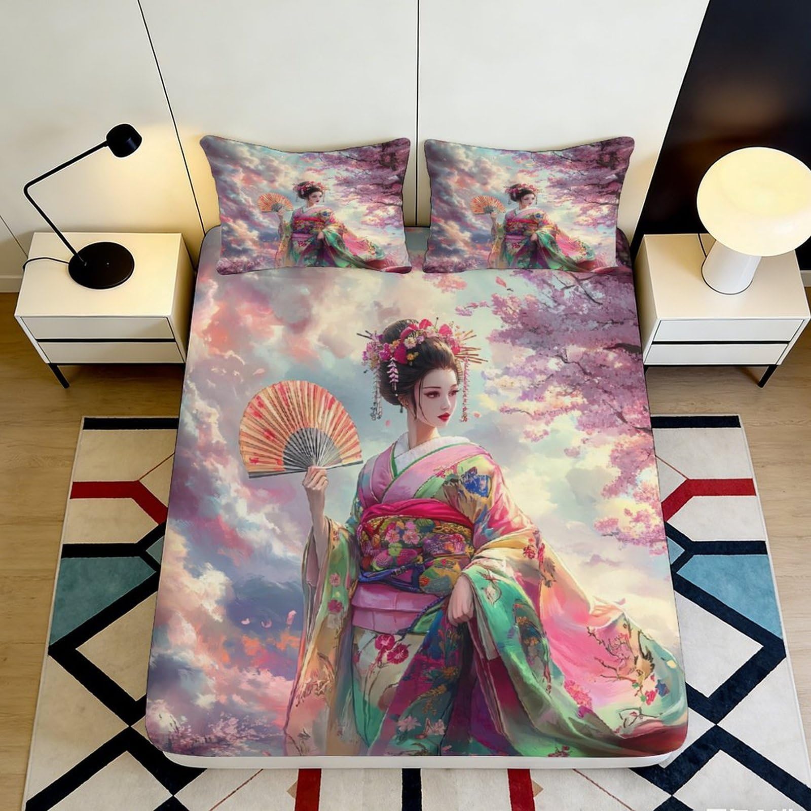 3D Printed Geisha Art Fitted Sheet Microfiber Soft Elegant Sakura Cloud Mattress Cover for Bedroom Dorm Decor 90x200x25cm
