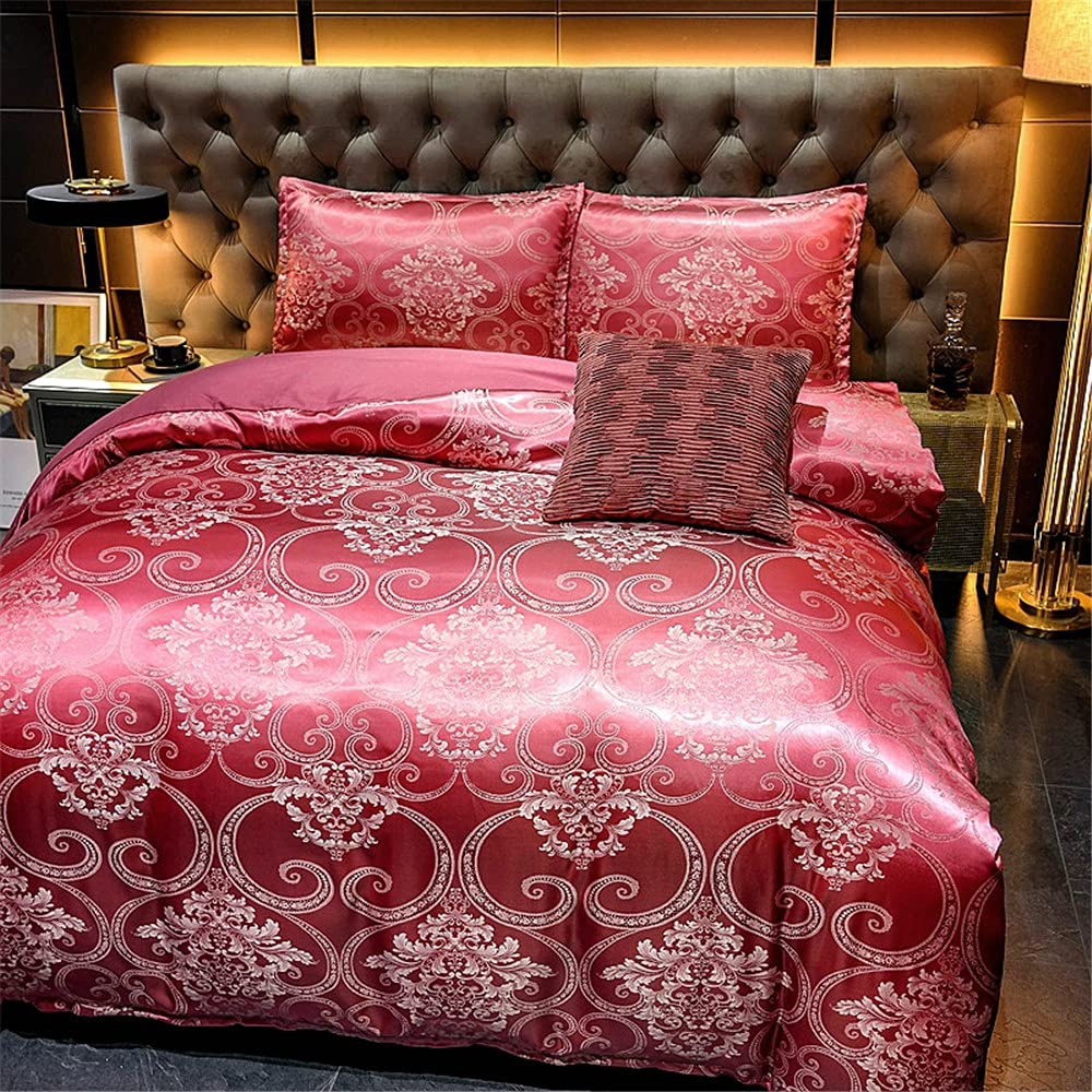 ALEjon Juego nórdico satén Jacquard Floral - King Size Rosa, Sedoso y Resistente a Las Arrugas - 3 Piezas con 2 Fundas de Almohada - 220x240cm