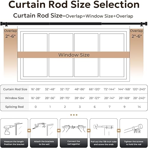 Miniatura 6 de Zeerobee Barras de cortina para ventanas de 120 a 240, juego de barras de cortina negras de 1 pulgada, barras de cortina resistentes con barras de