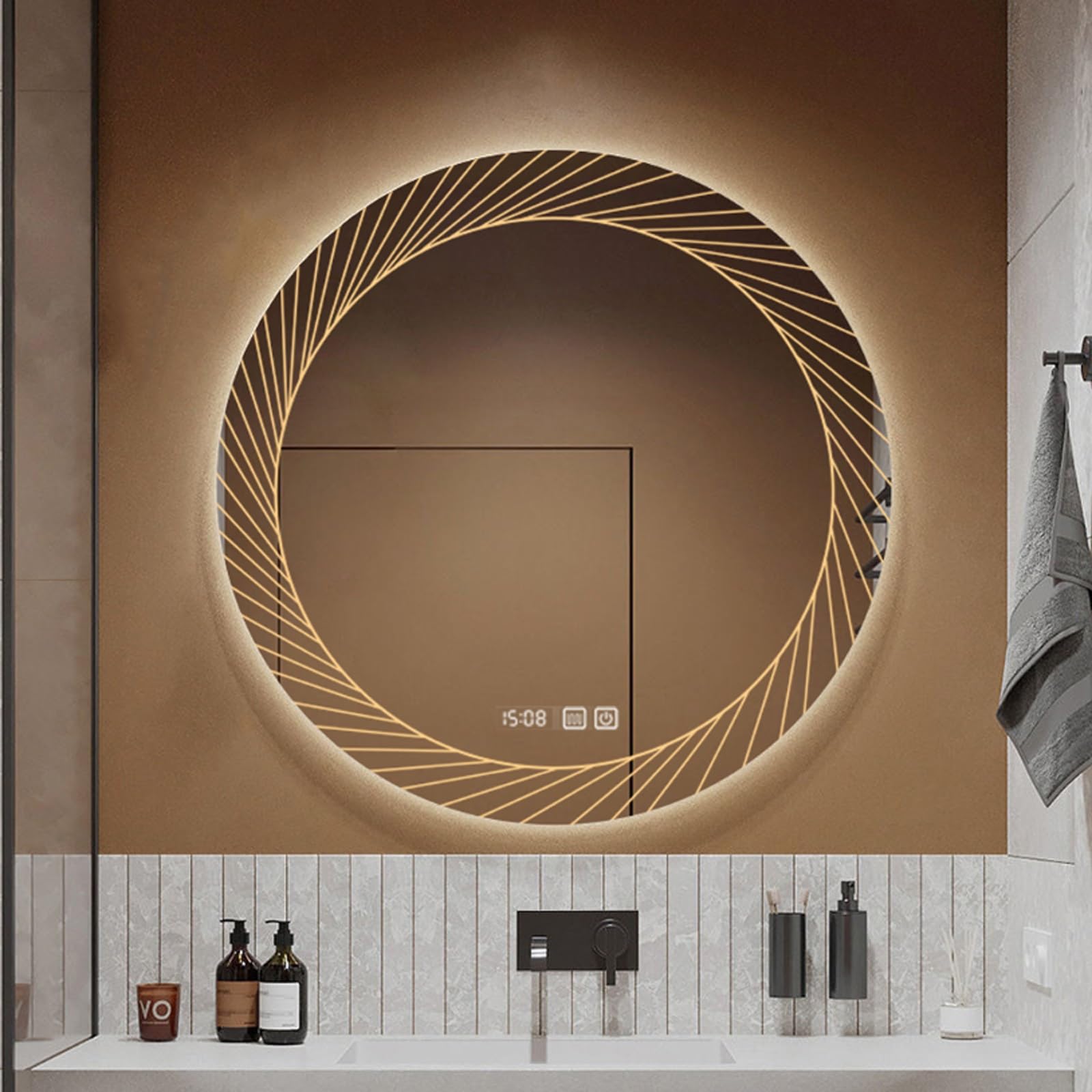 Miroir intelligent antibuée haut de gamme rond à LED avec affichage de la température
