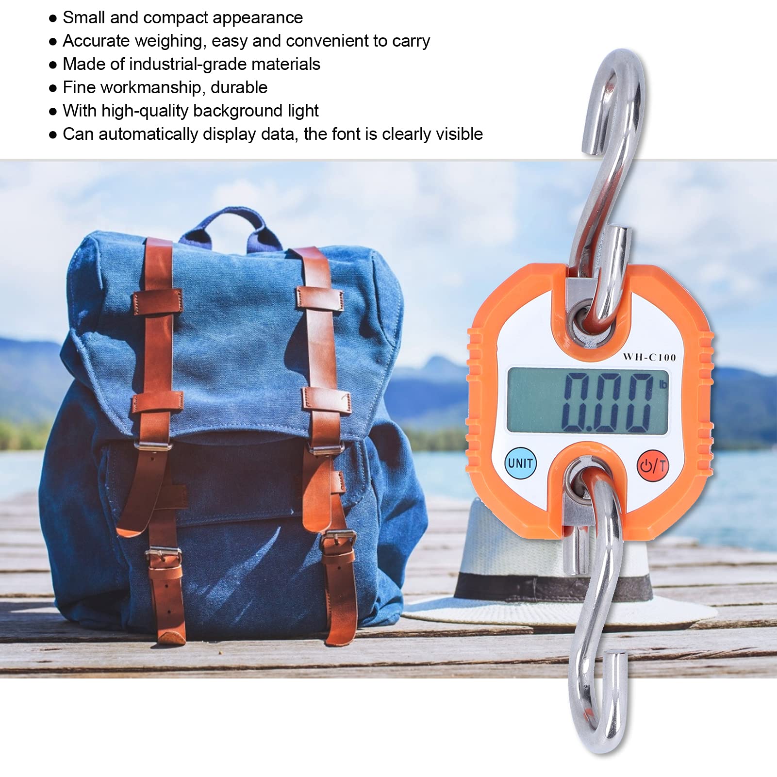 Balanza digital de gancho colgante de 150 kg con mini grúa y pantalla de doble precisión. Herramienta de pesaje portátil de alta precisión para equipaje, pesca y compras de (Naranja)