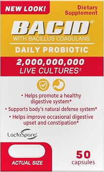 Bacid Daily Probiotic with Bacillus Coagulans, 50 Count, Digestion Supplement to Improve Occasional Constipation