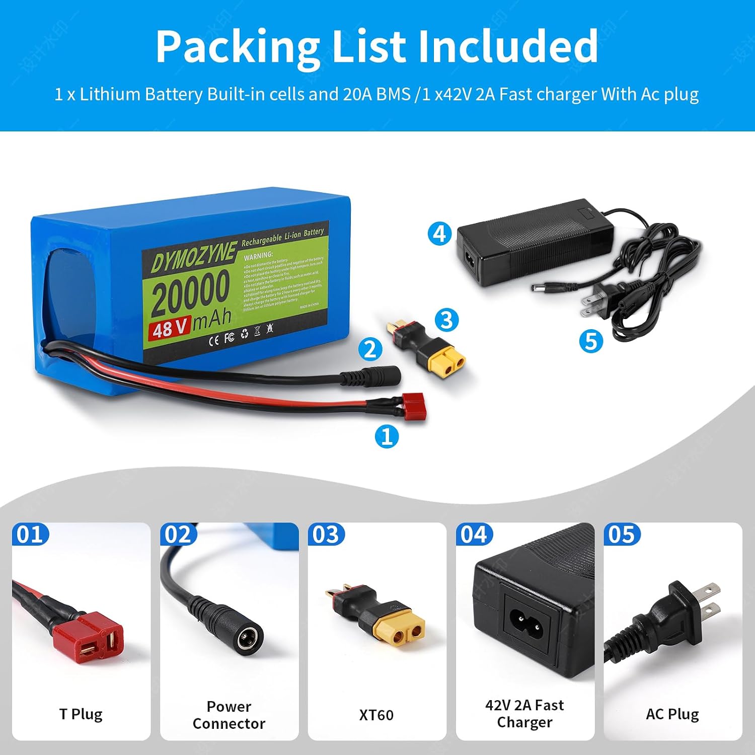 36V 48V 20AH Lithium Rechargeable Battery with 30A BMS,XT60 SM Connector, for 100W-1200W DIY Projects (T-48V-20AH(200W-1200W))