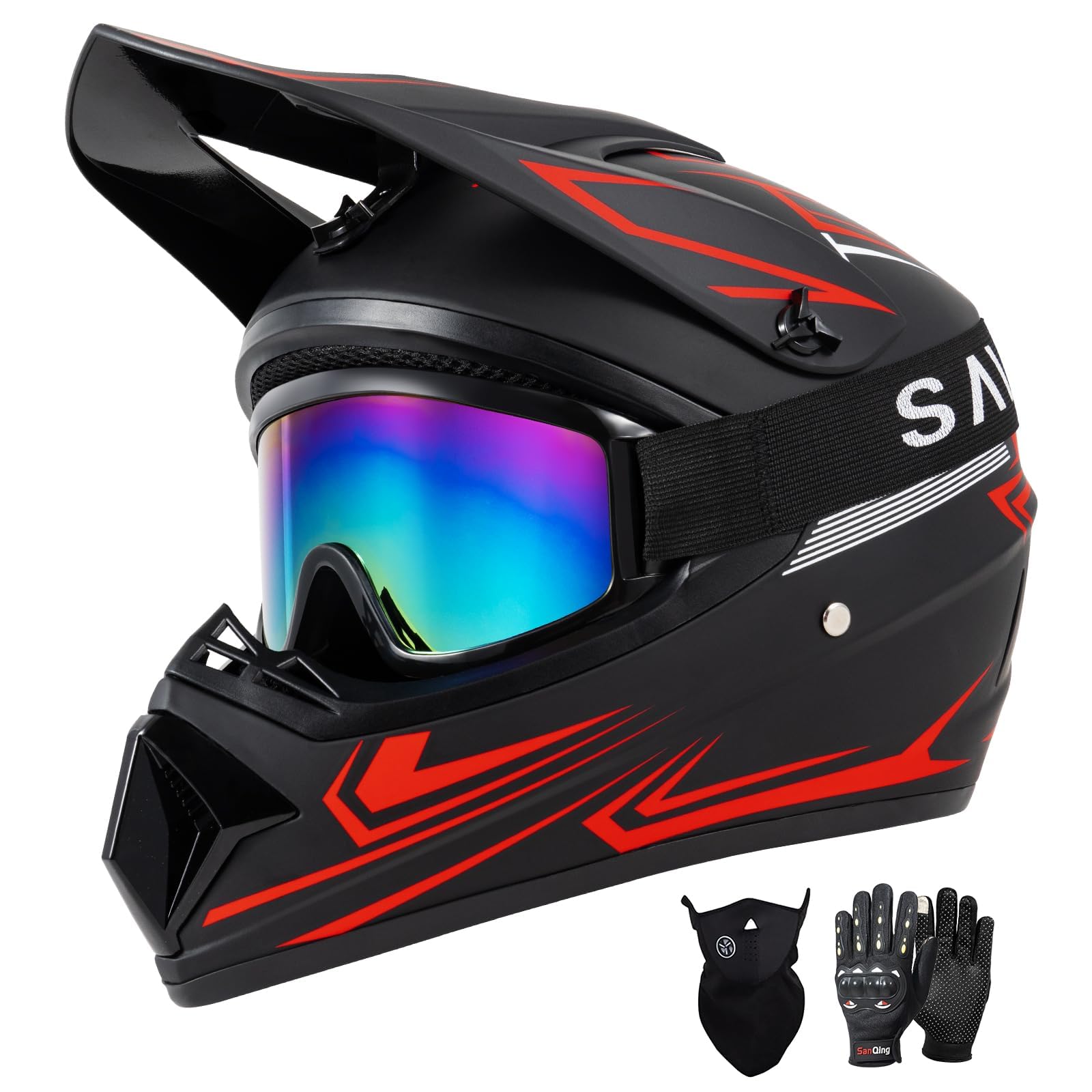 spark dot approved youth motocross helmet kids dirt bike helmets - full face, lightweight & breathable for off-road e-bike bmx mx atv (with gloves goggles mask) 4pcs set, black red, small(55-56cm)