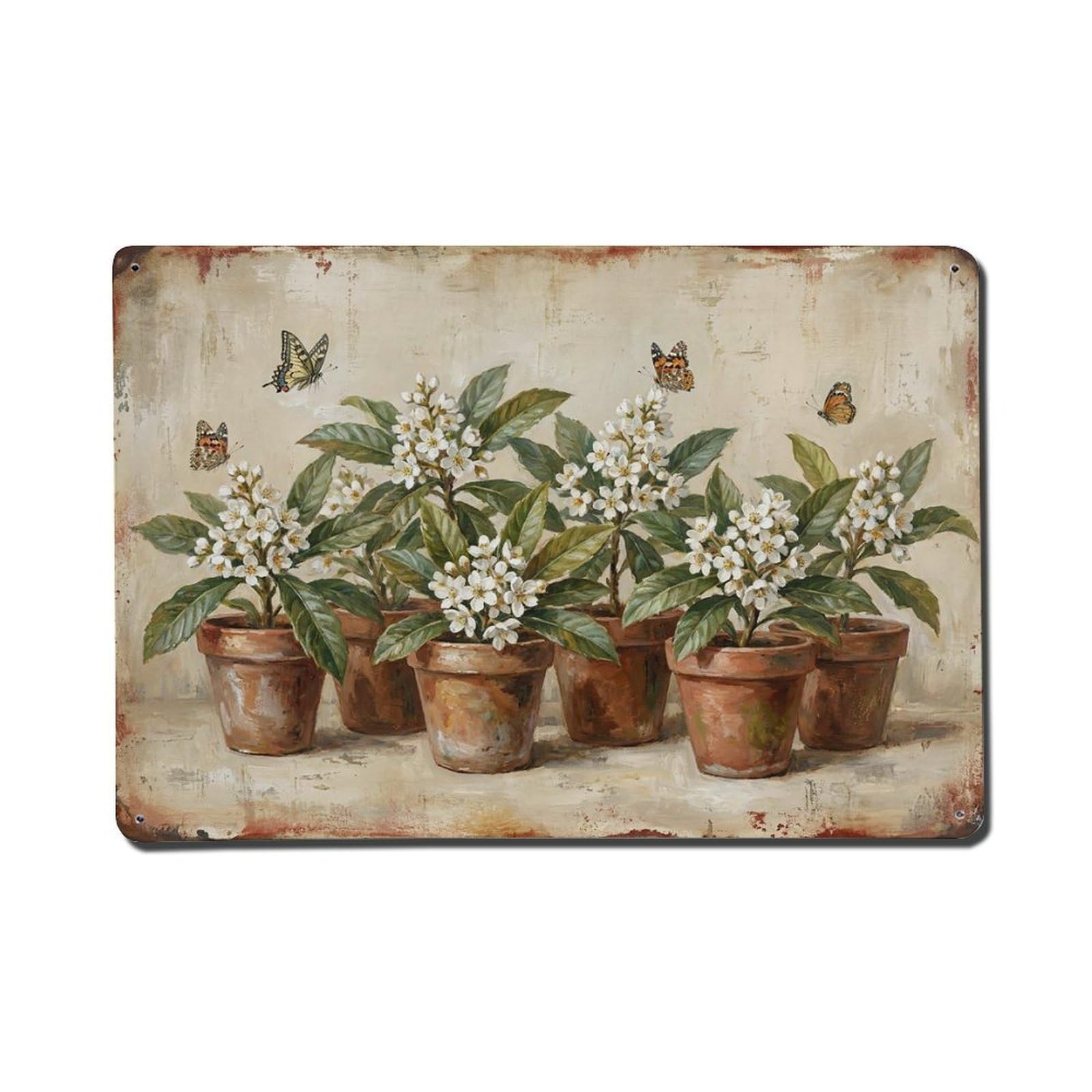 Vintage Rustic Flower Potted Plants Loquat Metal Tin Sign
