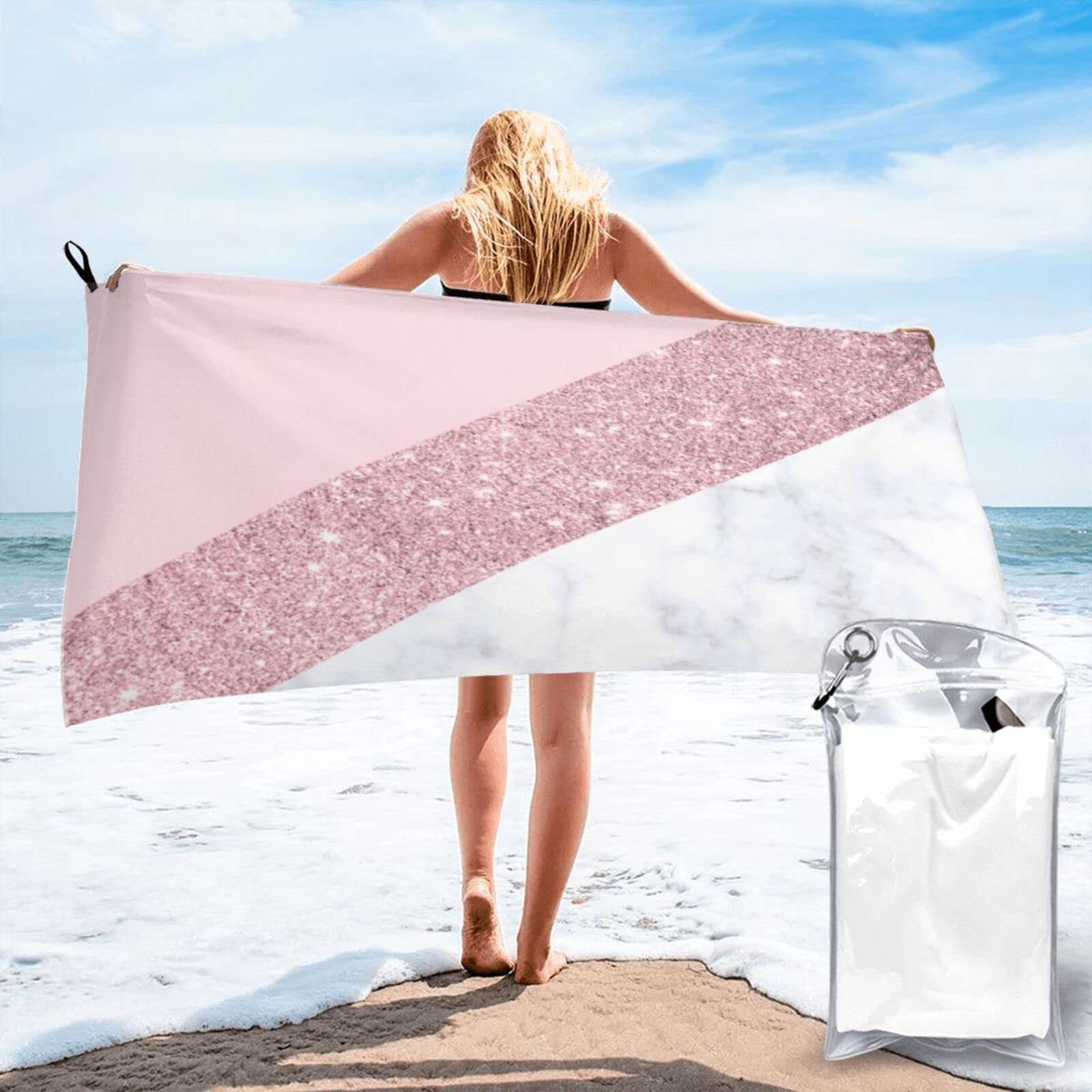 Lawenp Rose and Gold Glitter Microfiber Beach Towel Adults Large Quick Drying Bath Towel Travel Towels with Pouch 31.5"x63"