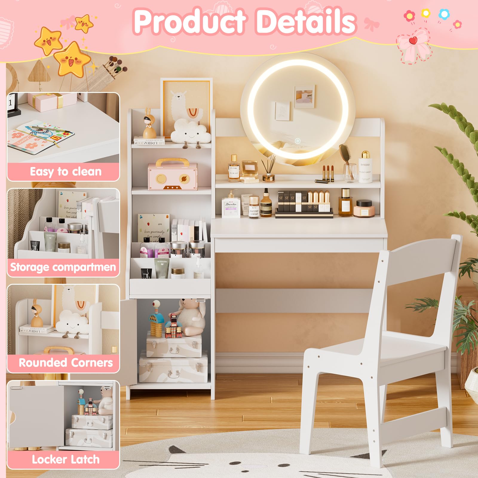 Tocador Niña Tocadors de Maquillaje con Luz y Taburete 2 en 1 Anti-dumping Tocador Infantil de Madera con Espejo y Estanterías Vanity de Maquillaje Para Niños Moderno estilo Princesa 5 años+ (Blanco)