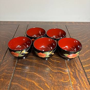◆(TH) 特選漆器 会津塗 汁椀 5客セット 箱付き 直径 約15cm 亀仙 紫山茶花 内朱 漆器 お椀 おわん 雑煮 年越しそば 多用丼 工芸品 和食器