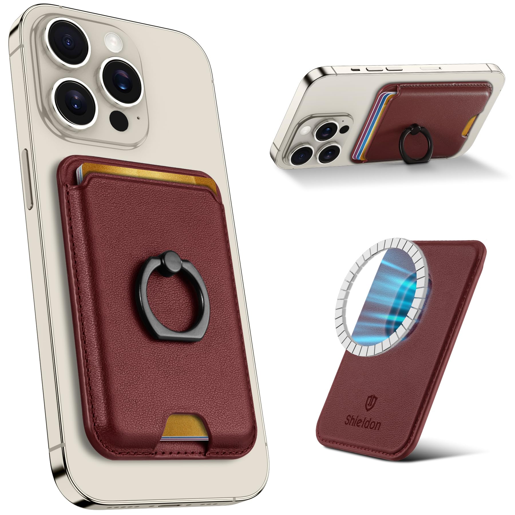 SHIELDON Genuine Leather Magnetic RFID Blocking Card Holder Wallet Case with Metal Finger Ring Stand for iPhone 16/15/14/13/12 Pro Max/Pro/Plus - Wine