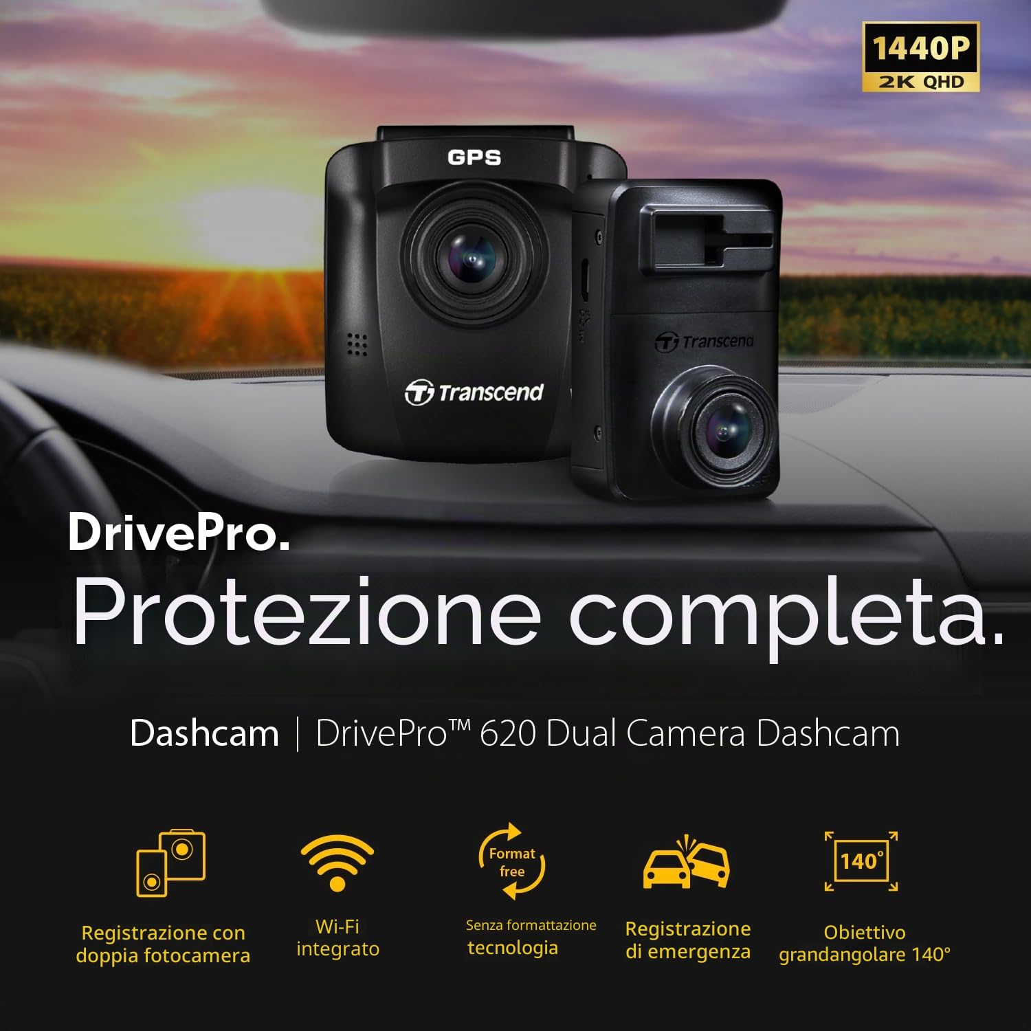 Transcend Dashcam DrivePro 620 da 64 GB, con supporto a ventosa - TS-DP620A-64G