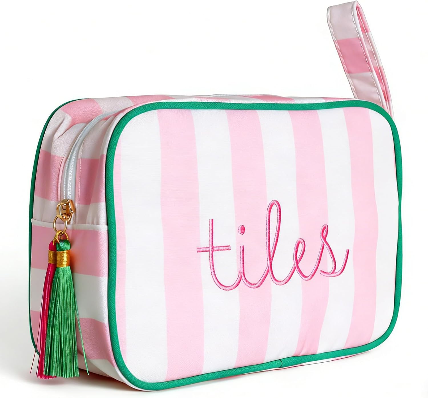 Mahjong Tile Bag with Handle - Stylish Pink & White Striped Case for 166 American Tiles (1.2"), Embroidered Design with Plush Interior & Tassel Zipper, Travel Organizer (Bag Only, Tiles Not Included)