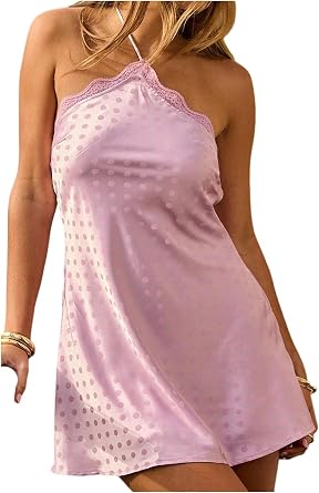 Floerns Womens Polka Dots Halter Satin Mini Lace Backless Party Dresses | Halter Neck, Lace Trim, Night Out, Going Out, Sleep Dress, Mini Dresses