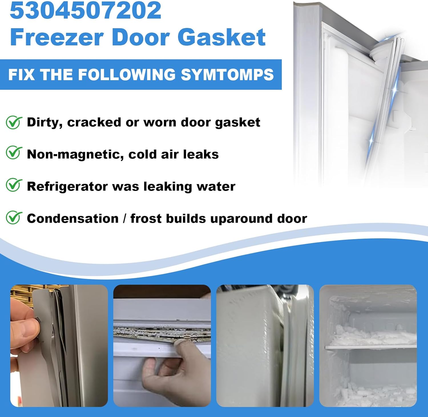 Upgraded 5304507202 Freezer Door Gasket Compatible With Frigidaire Kenmore Gibson Crosley White-Westinghouse Refrigerator Seal, Replaces 216522303 AP6037542 PS11770646, 49.21 x 26.92"