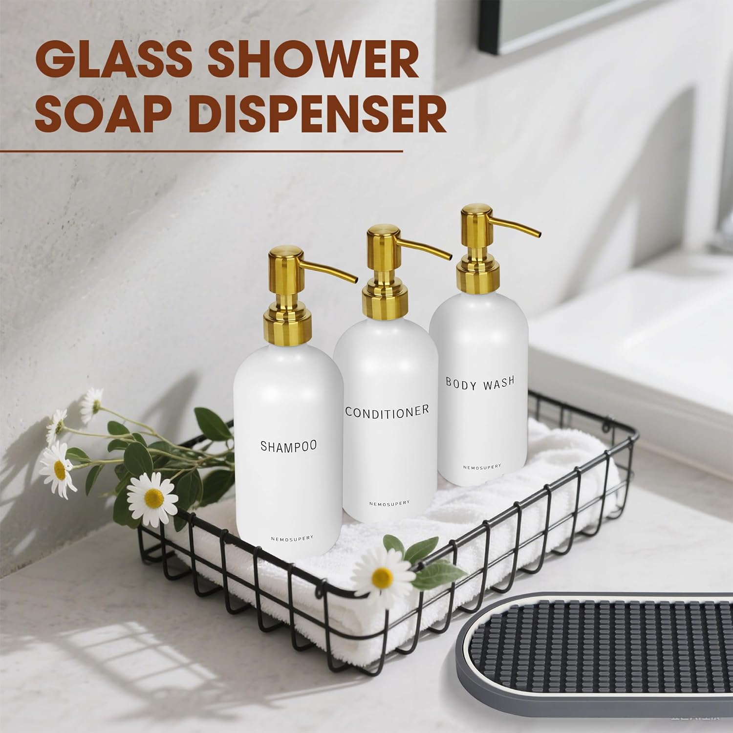 Glass Shampoo and Conditioner Dispenser-Shower Soap Dispenser for Bathroom -16.9 fl oz Set of 3 Refillable Glass Bottles with Pump and Labels-Shampoo Dispenser for Shower(White) - Image 4
