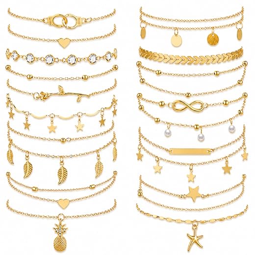 Hicarer 16 Pcs Ankle Bracelets for Women Boho Alloy Plated