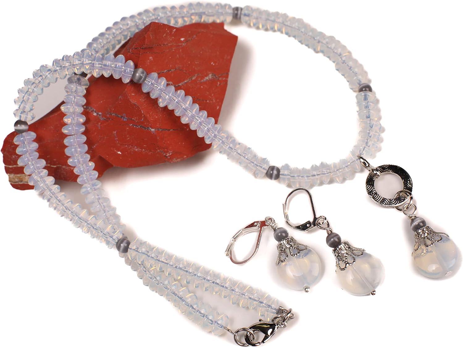 Stunning Victorian Style Opalite 6.5mm Saucer Rondellel with Cat's Eye Spacer Necklace with Matching Earrings Jewelry Set