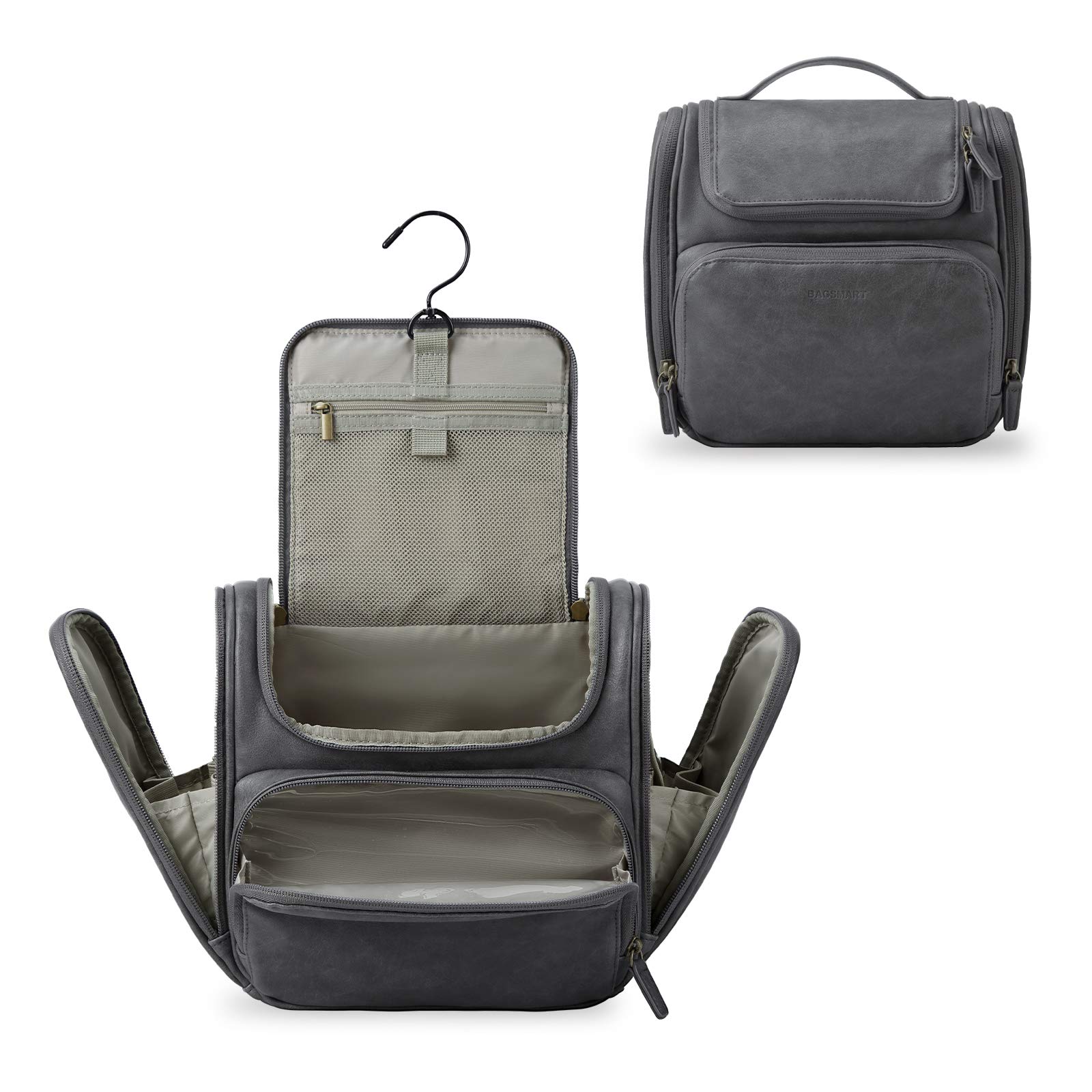 BAGSMART Hanging Toiletry Bag, Water-resistant Leather Dopp Kit, Large Travel Organizer for Full Sized Container, Grey