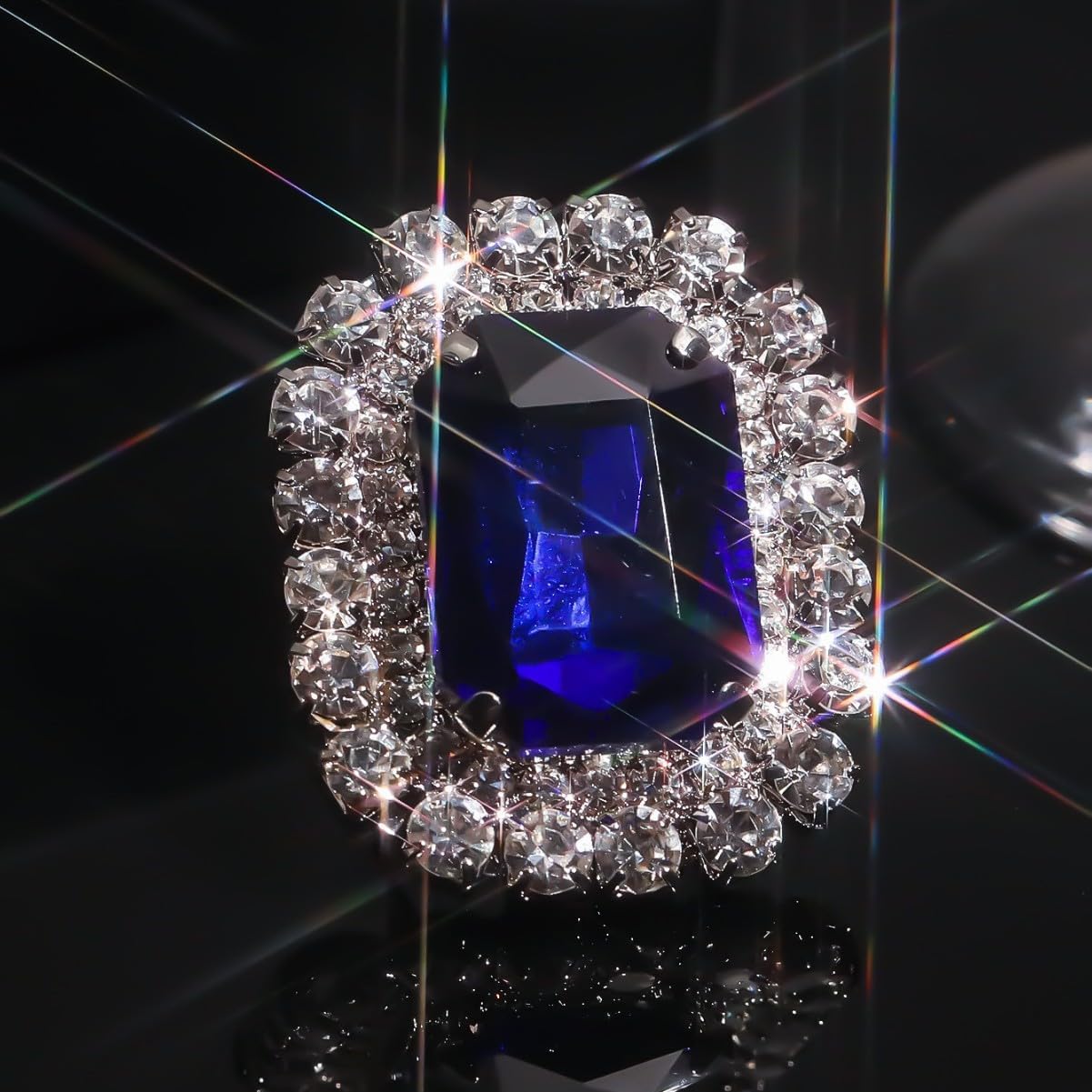 PLOUTOS Vintage Square Blue Crystal Halo Rhinestone Border Cushion Cut Statement Cocktail Ring For Women Alloy Plated Silver Tone Large Center Stone