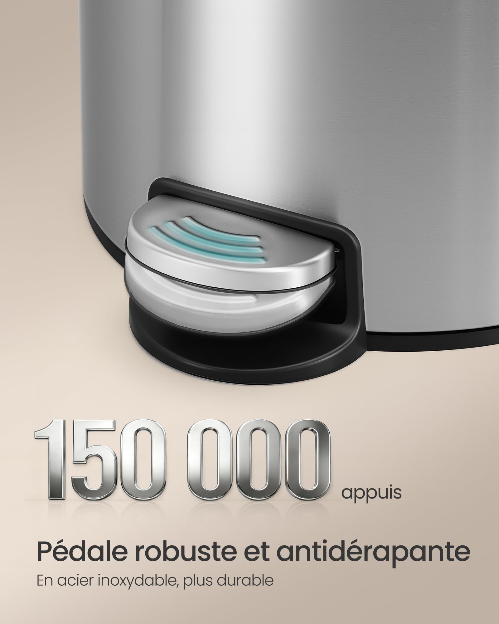 SONGMICS Poubelle 30 L, Rond, avec 15 Sacs Poubelles, Pédales en Métal, Seau Amovible en Plastique, Poignée, Couvercle à Fermeture en Douceur, en Acier Inoxydable, Argent LTB031EZ02