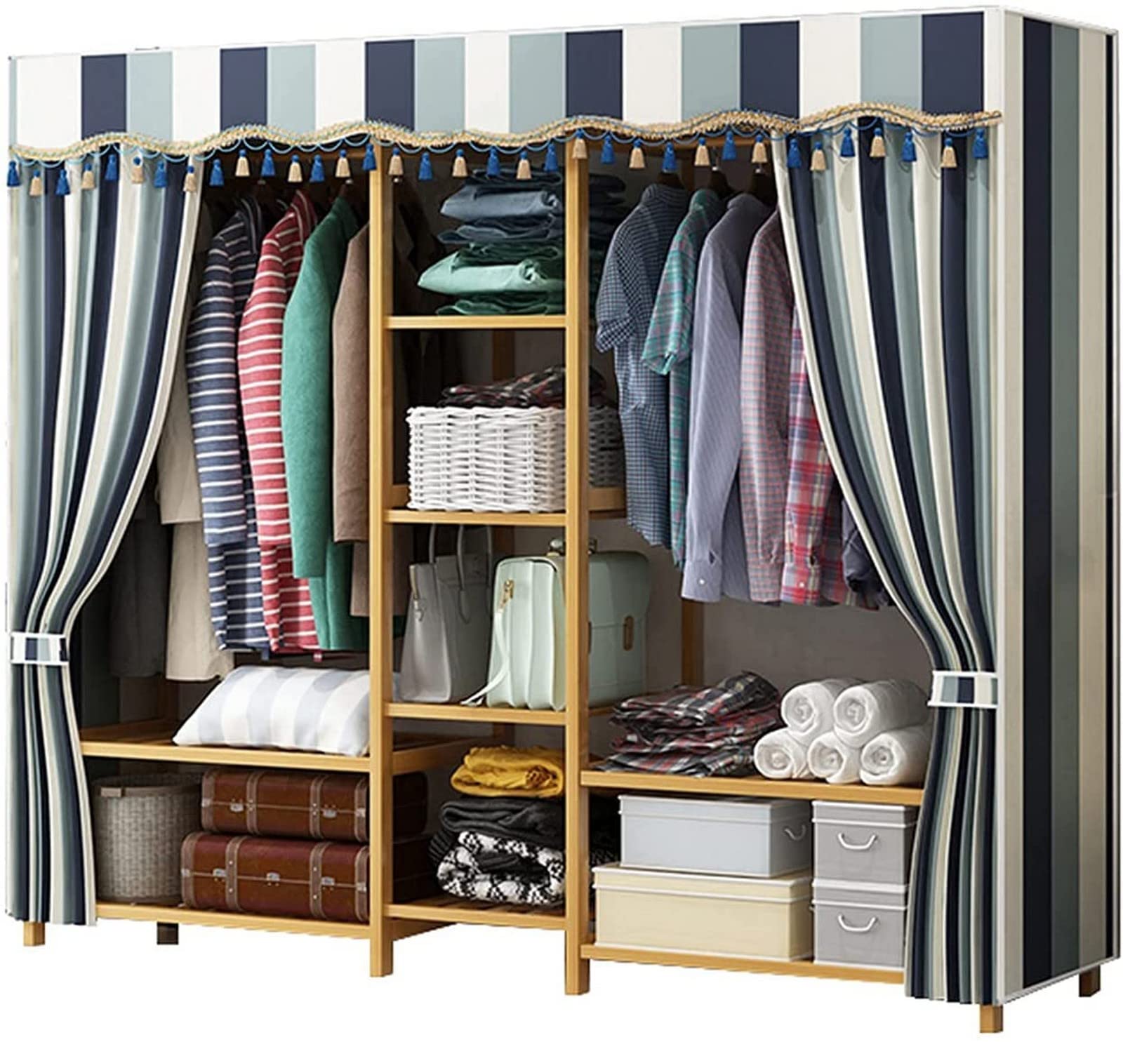Penderie Portable Armoire en Tissu Armoires de Chambre à Coucher en Tissu,Assemblage en Bois Massif Organisateur de Stockage de Garde-Robe Suspendu Ouvert Séparateurs de Garde-Robe pour Vête