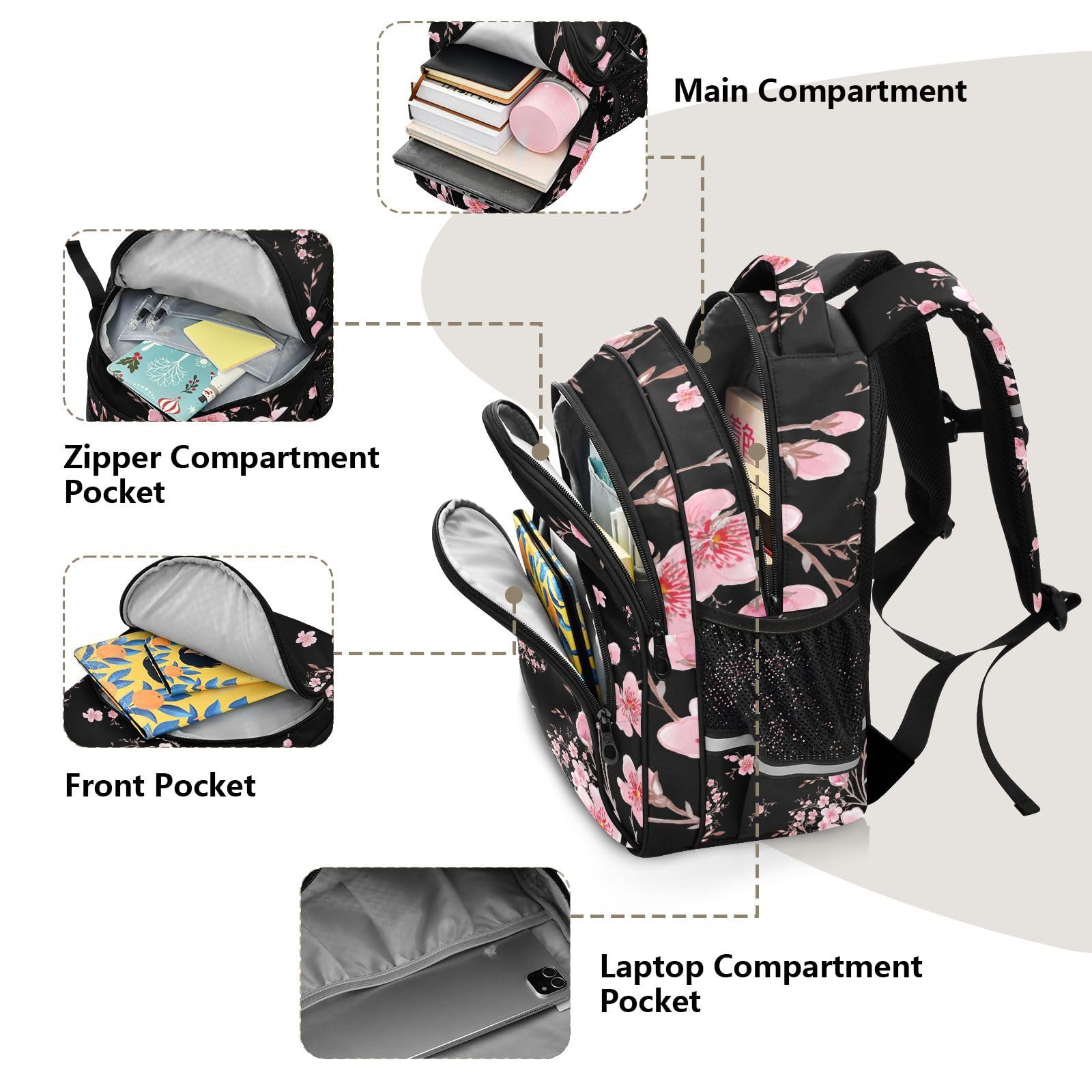 Sac à dos d'école, léger et décontracté, motif fleurs de cerisier Sakura pour adolescentes, filles, garçons, ordinateur portable de 16,9", sac à dos décontracté pour voyage, travail, #01, M