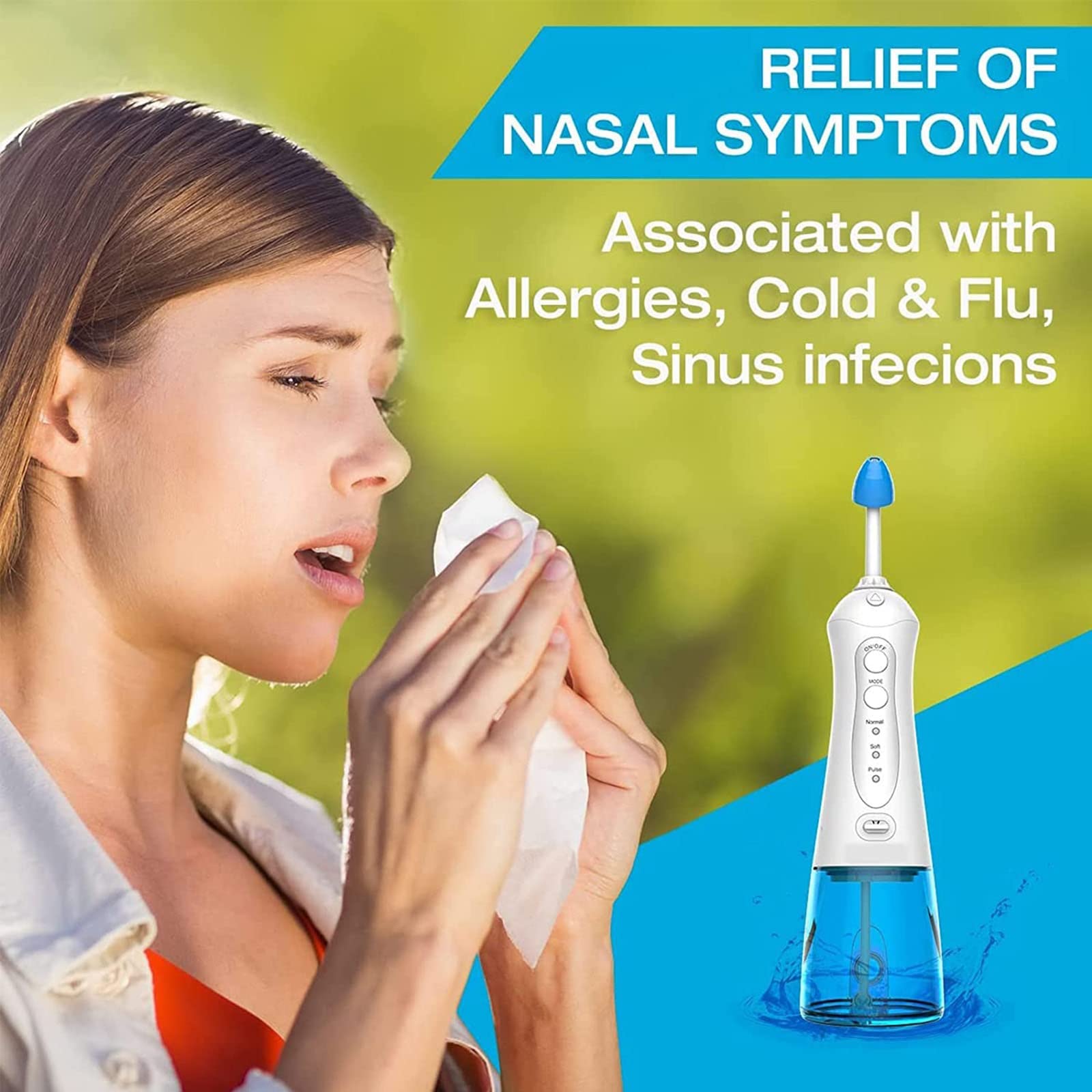 CEEBUS Máquina de Limpieza de Enjuague Nasal, Kit Portátil Impermeable de Enjuague Nasal con 4 Boquillas Limpiadoras, Pulso Recargable de Lavado Nasal para Alivio de Sinusitis y Alergias