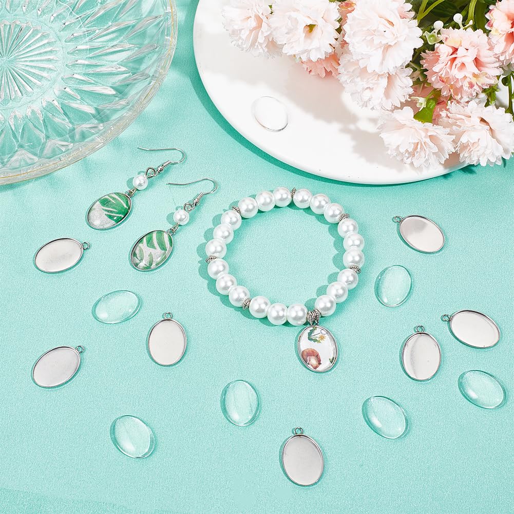 SUNNYCLUE 1 Box 30Pcs Blank Brooch Cabochon Pin Antique Silver Metal Stainless Steel Vintage Oval Flat Round Base Settings Transparent Glass Trays Brooches Kit For Wedding Jewelry Making DIY Crafts